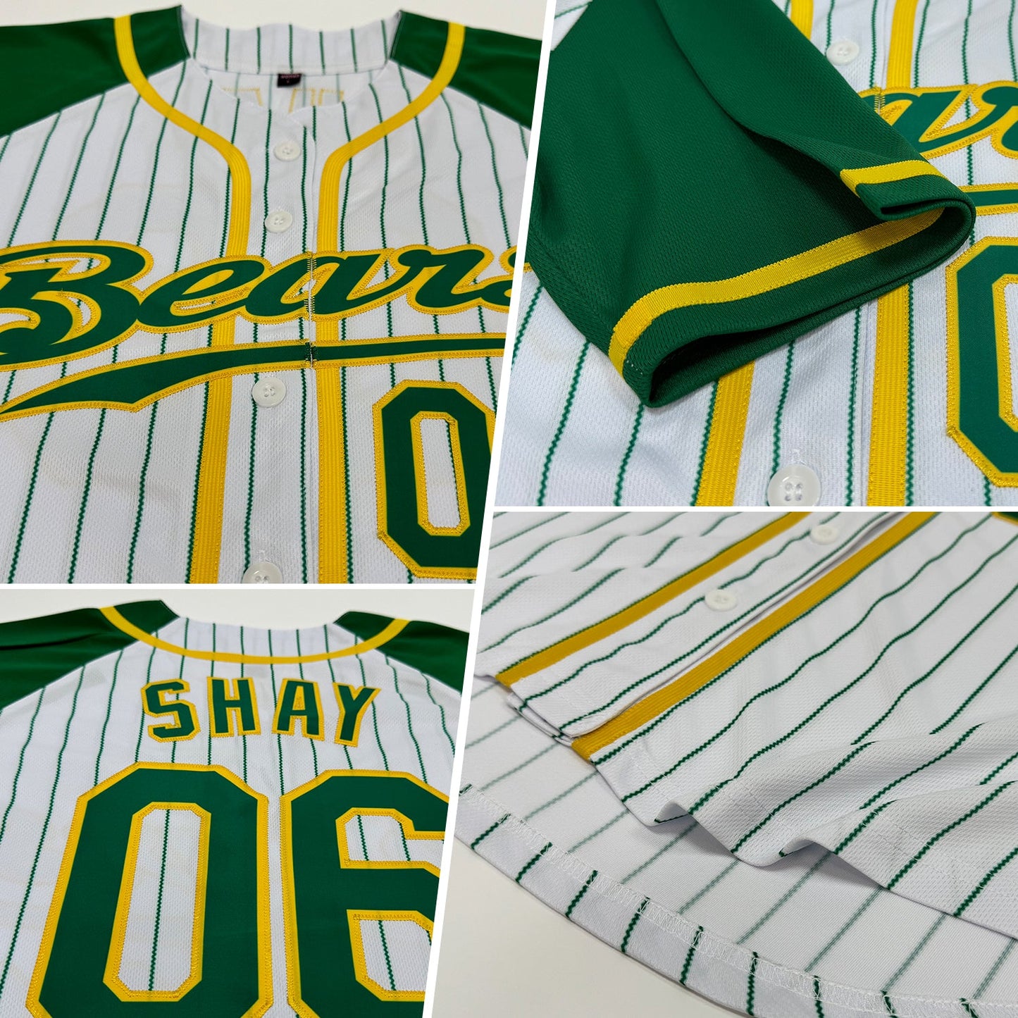 Custom White Kelly Green Pinstripe Kelly Green-Gold Authentic Raglan Sleeves Baseball Jersey view 2