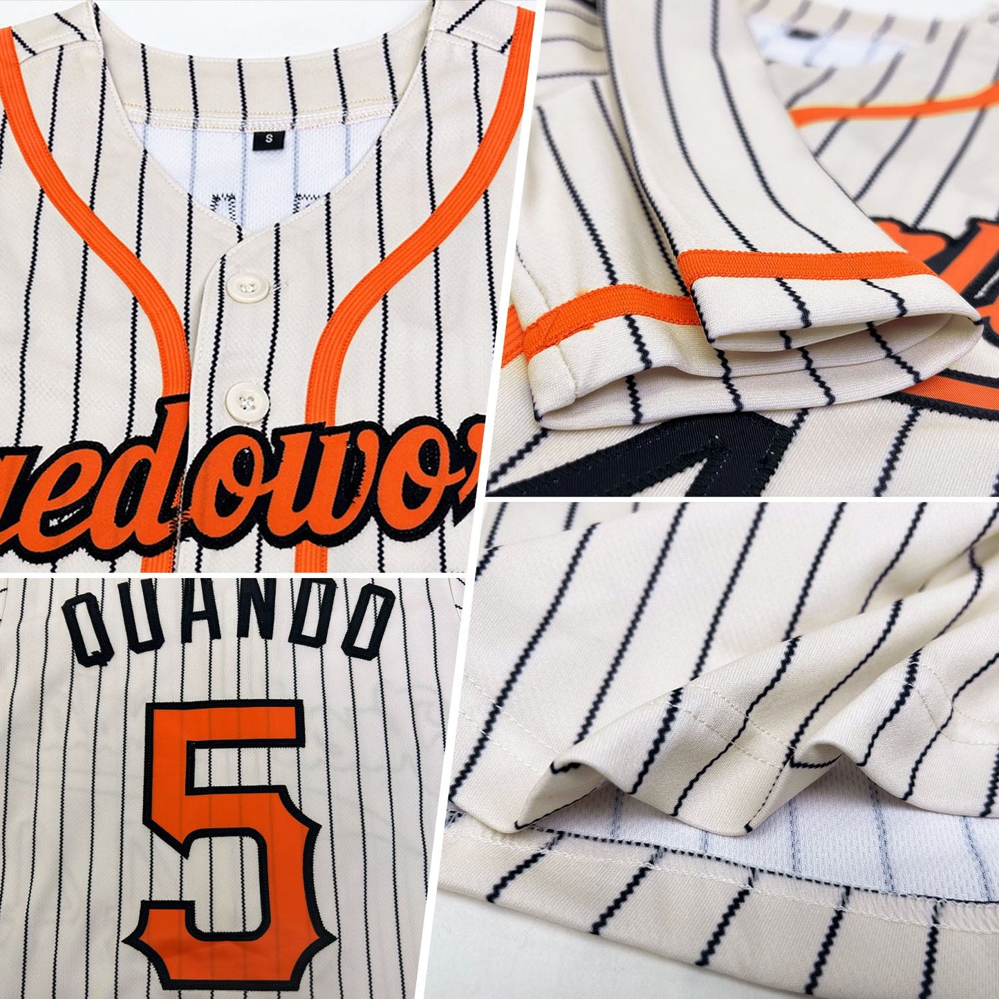 Custom Cream Black Pinstripe Orange-Black Authentic Baseball Jersey view 2