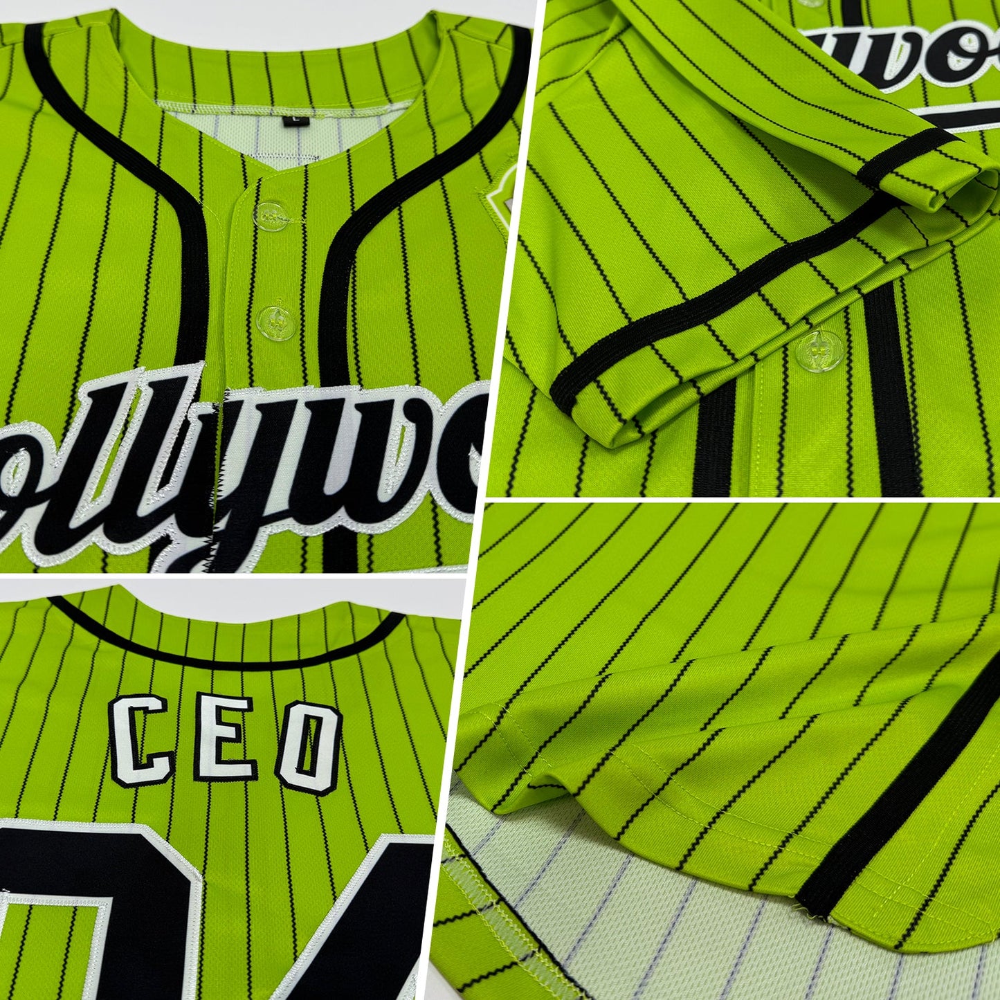 Custom Neon Green Black Pinstripe Black-White Authentic Baseball Jersey view 2