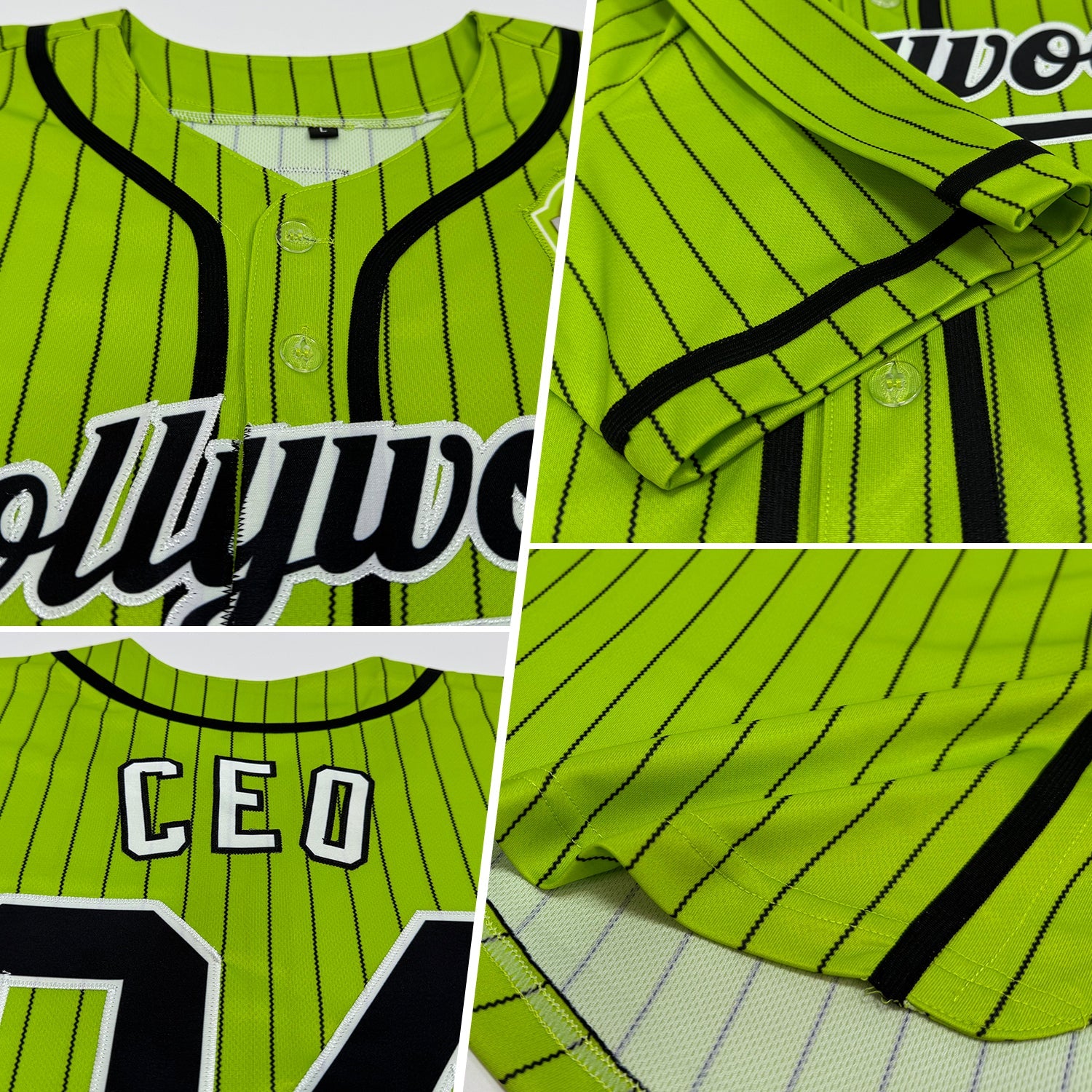 Custom Neon Green Black Pinstripe Black-White Authentic Baseball Jersey view 2