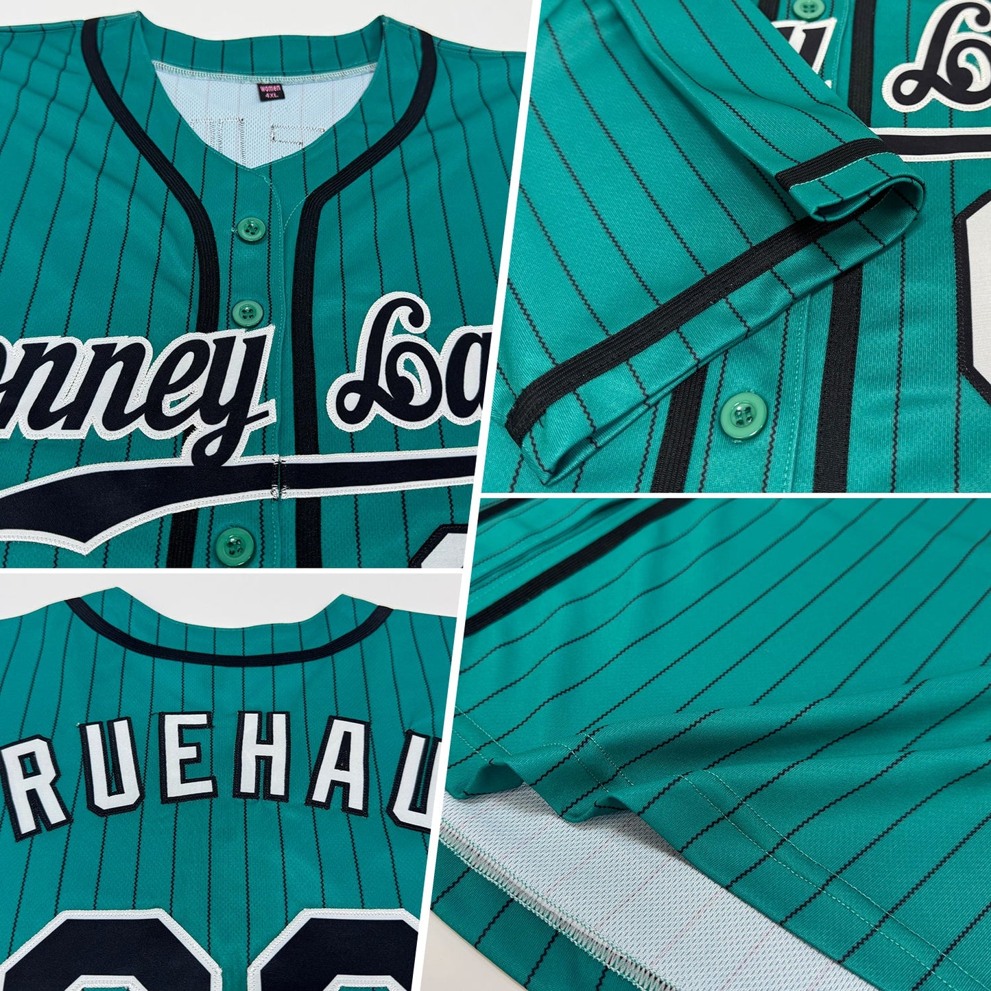 Custom Teal Black Pinstripe Black-White Authentic Baseball Jersey view 2