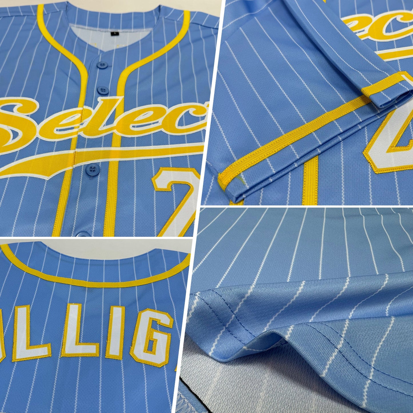 Custom Powder Blue White Pinstripe Gold-White Authentic Baseball Jersey view 2
