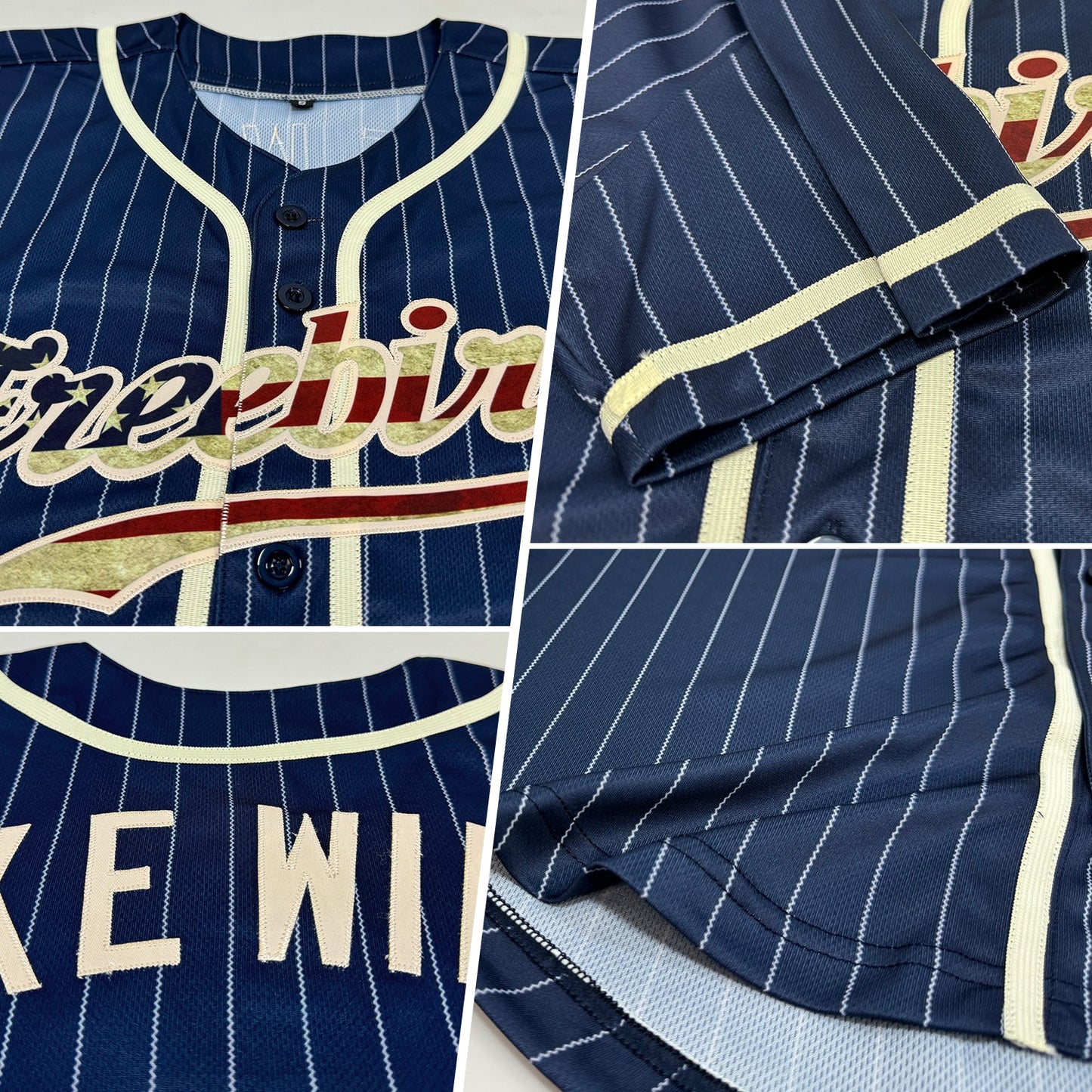 Custom Navy White Pinstripe Vintage USA Flag-Cream Authentic Baseball Jersey view 2