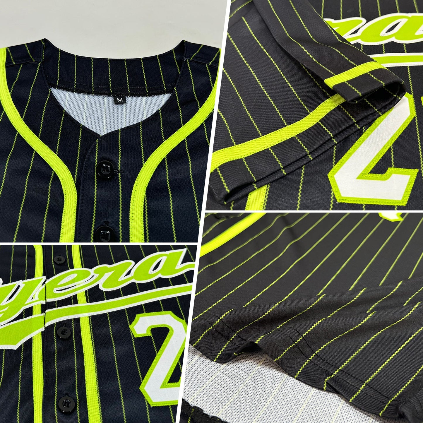 Custom Black Neon Green Pinstripe Neon Green-White Authentic Baseball Jersey view 2