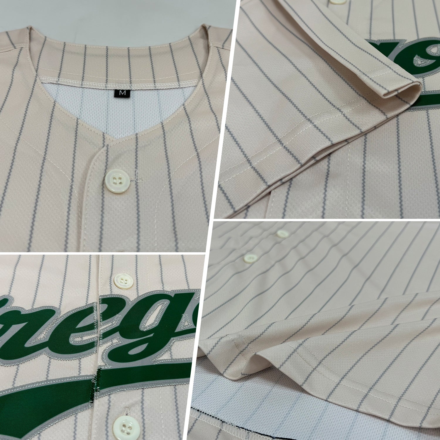 Custom Cream Gray Pinstripe Green-Gray Authentic Baseball Jersey view 2