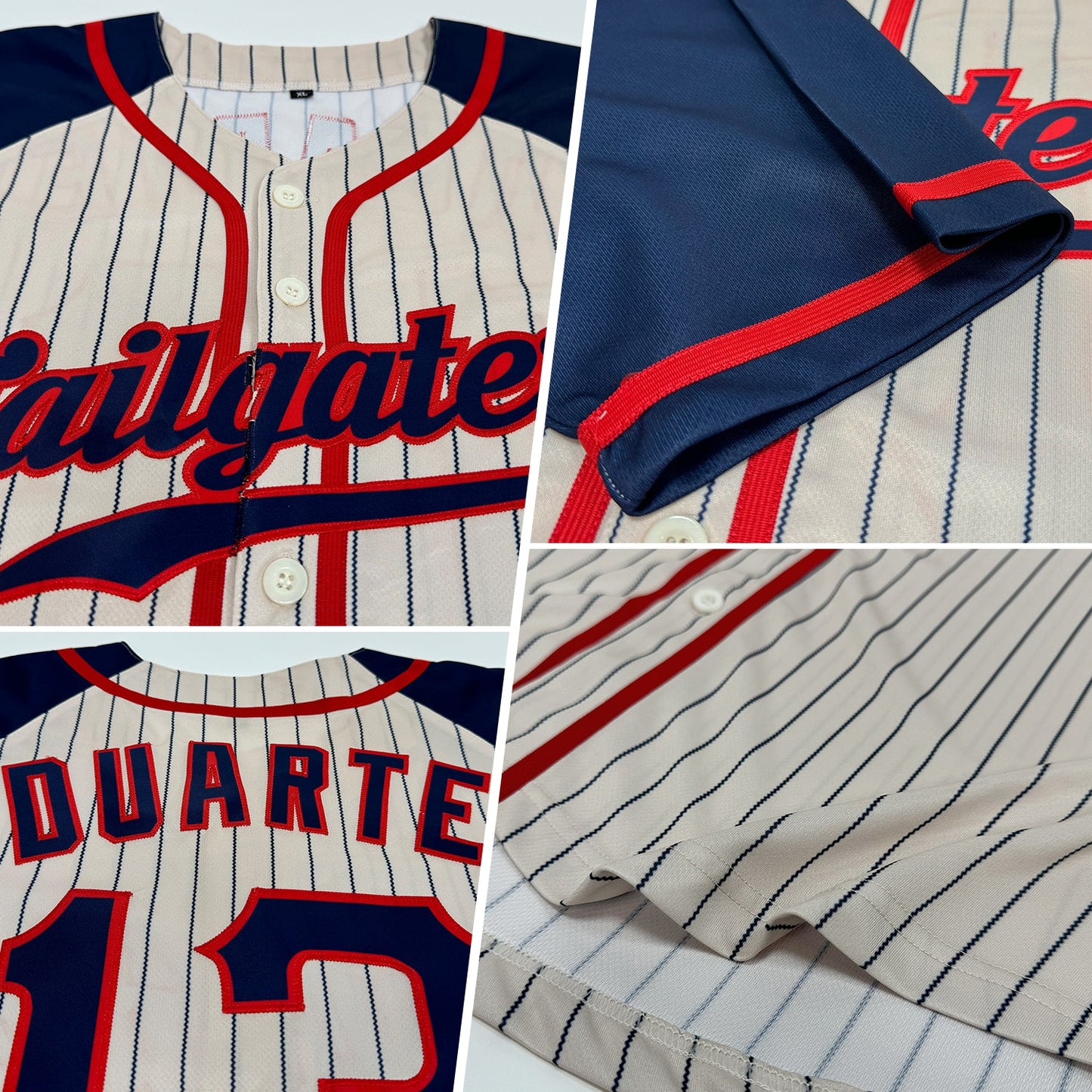 Custom Cream Navy Pinstripe Navy-Red Authentic Raglan Sleeves Baseball Jersey view 2