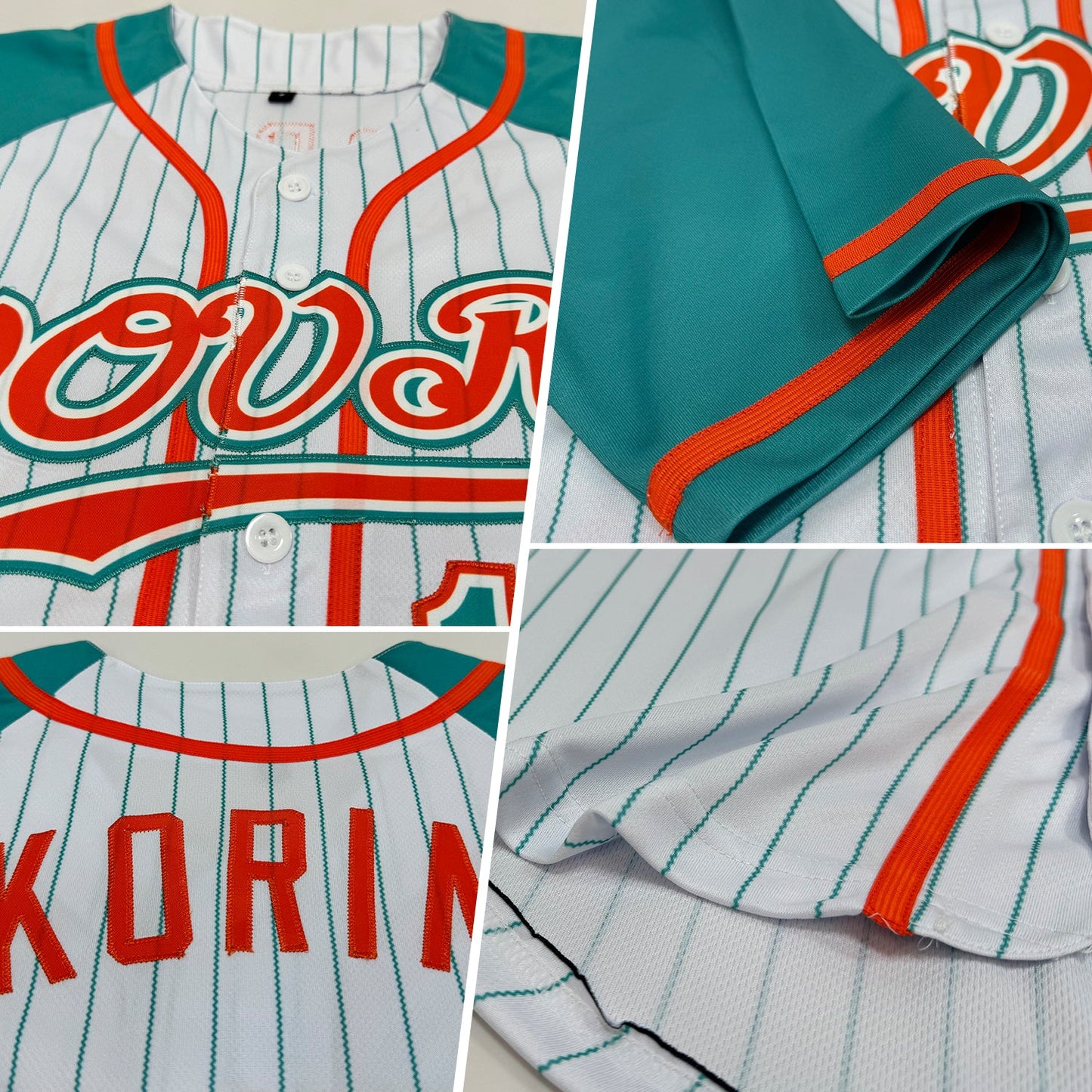 Custom White Aqua Pinstripe Aqua-Orange Authentic Raglan Sleeves Baseball Jersey view 2
