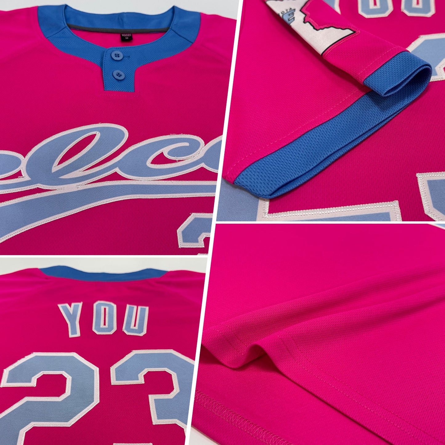 Custom Pink Light Blue-White Two-Button Unisex Softball Jersey view 2