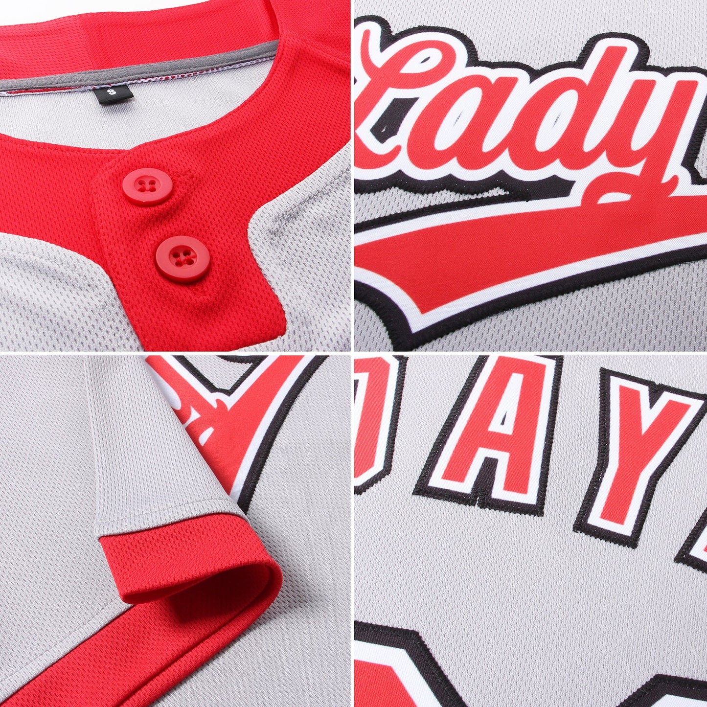 Custom Gray Red-Black Two-Button Unisex Softball Jersey view 6