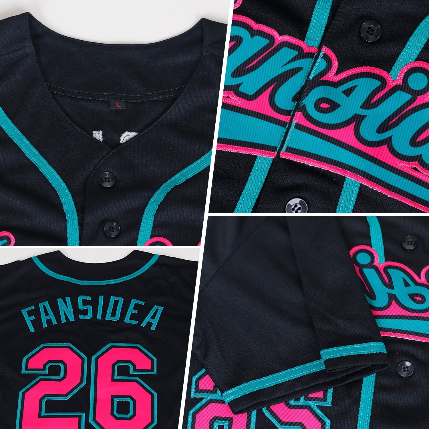 Custom Black Pink-Teal Authentic Baseball Jersey view 34