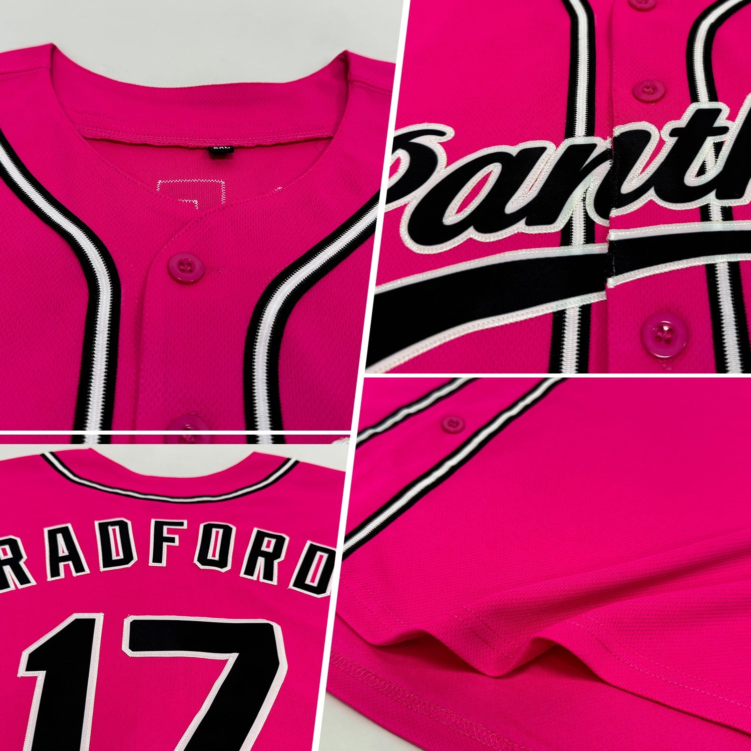 Custom Pink Black-White Authentic Baseball Jersey view 2