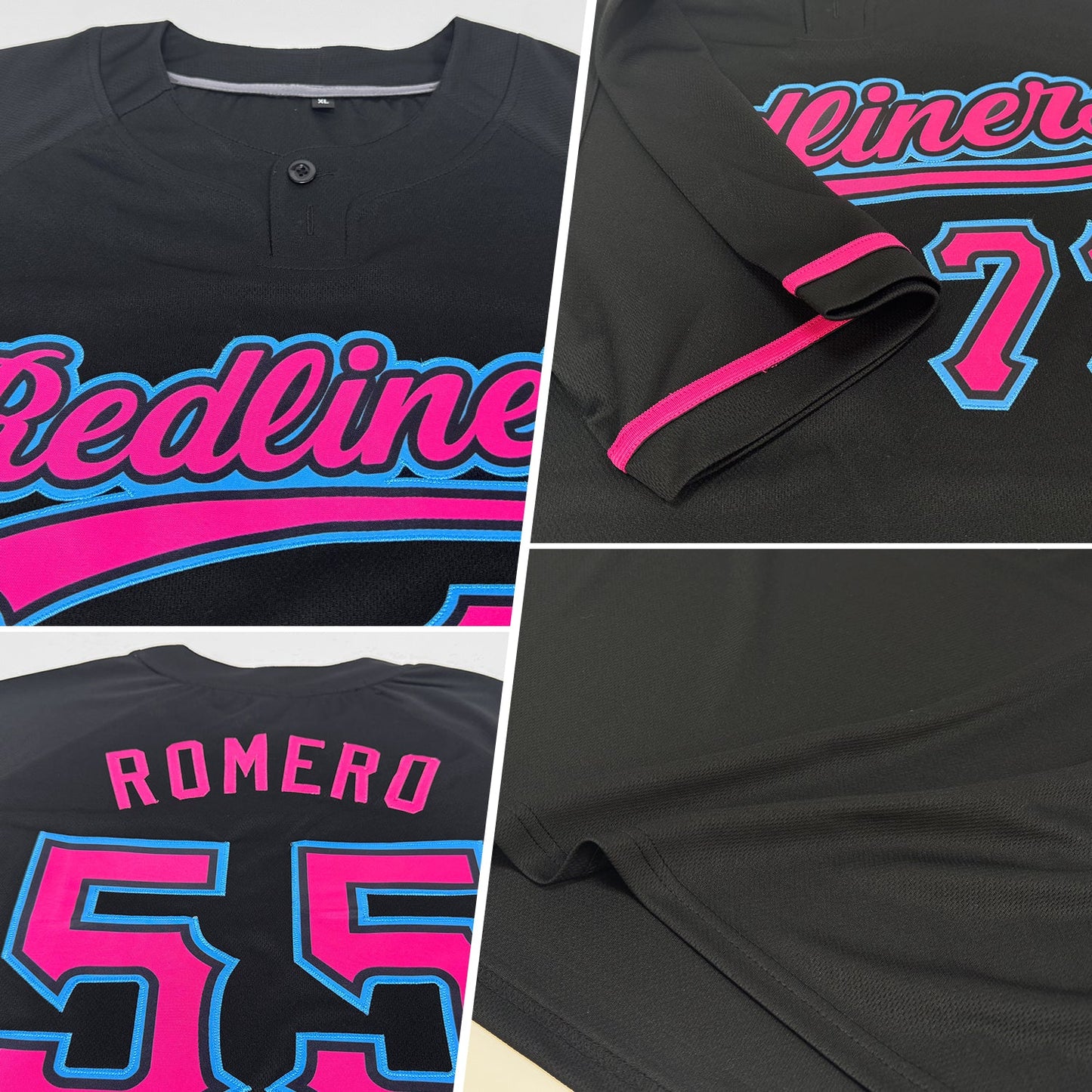 Custom Black Pink-Sky Blue Two-Button Unisex Softball Jersey view 2