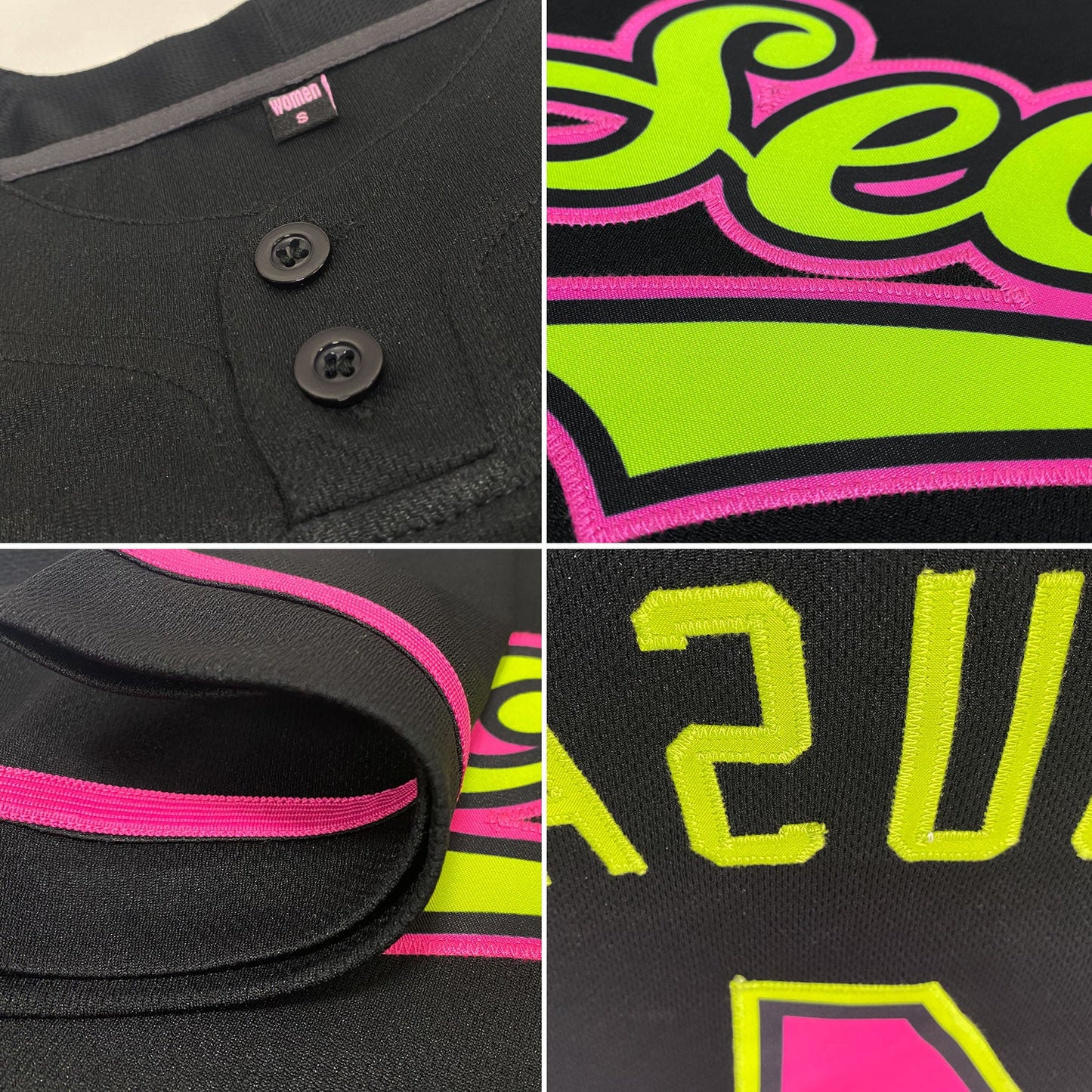 Custom Black Pink-Neon Green Two-Button Unisex Softball Jersey view 2