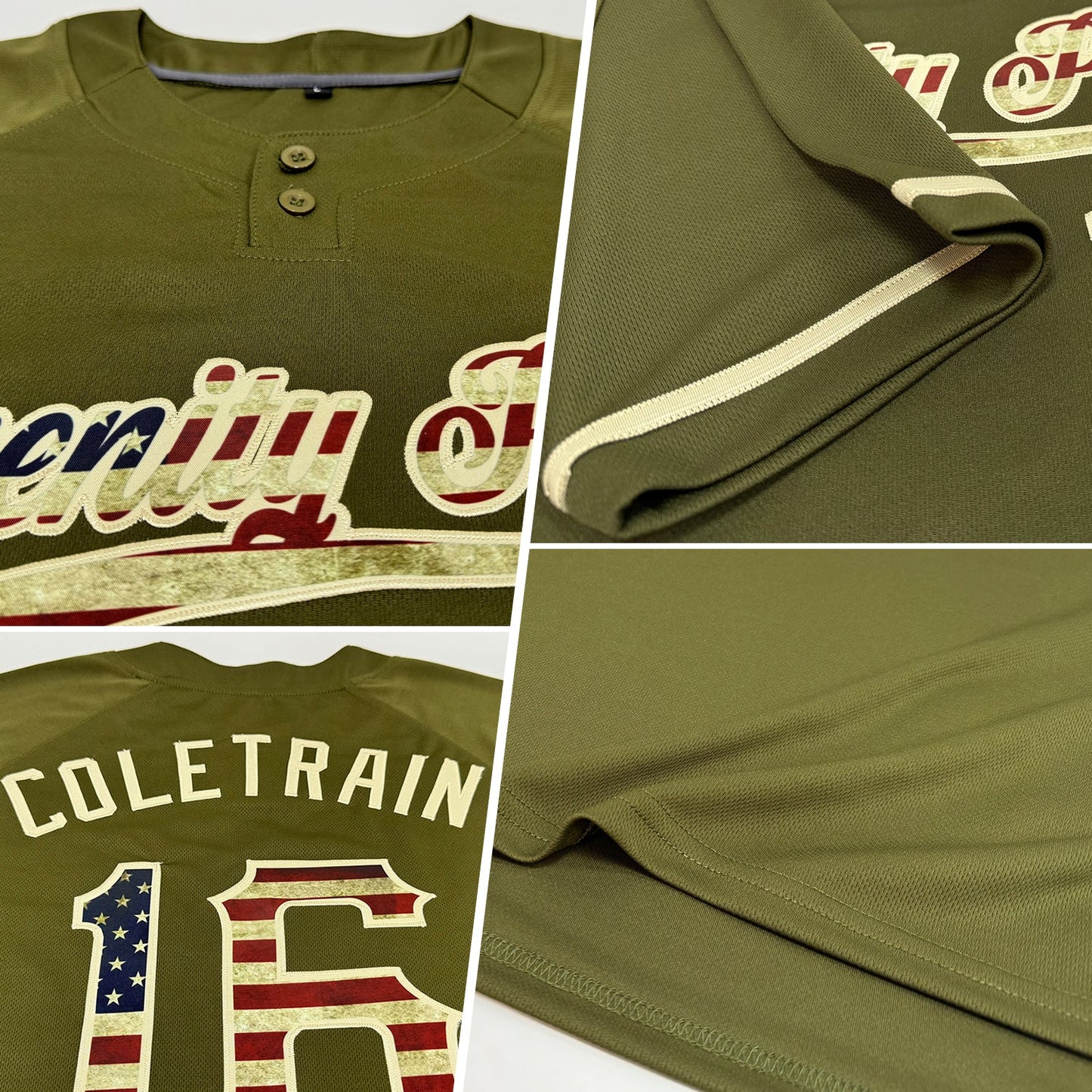 Custom Olive Vintage USA Flag-City Cream Salute To Service Two-Button Unisex Softball Jersey view 2
