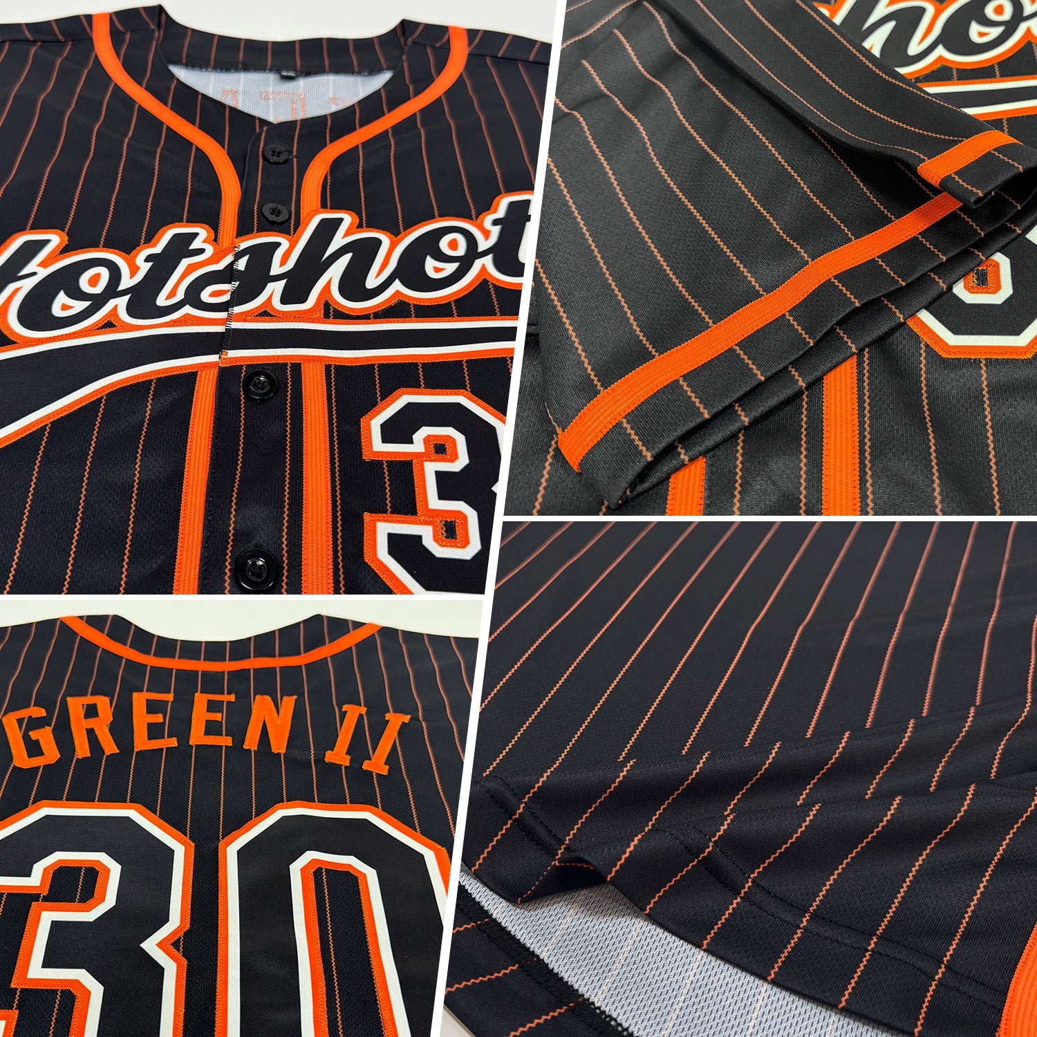 Custom Black Orange Pinstripe Black-White Authentic Baseball Jersey view 2