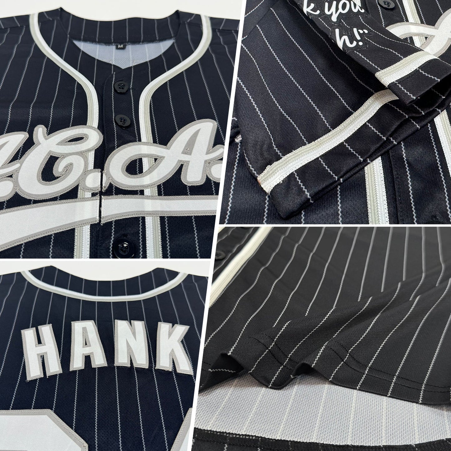 Custom Black Gray Pinstripe White Authentic Baseball Jersey view 2
