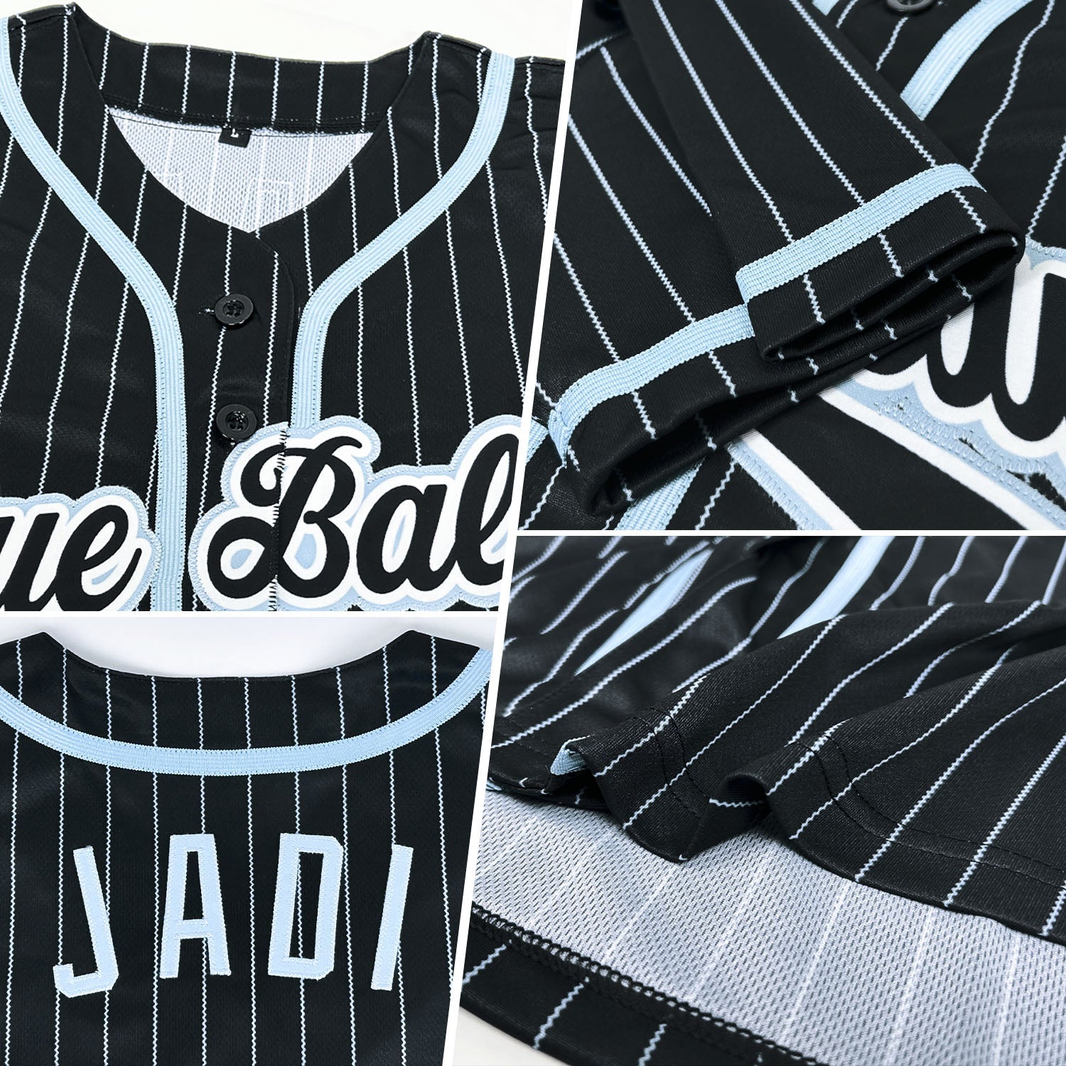 Custom Black Light Blue Pinstripe Black-White Authentic Baseball Jersey view 2