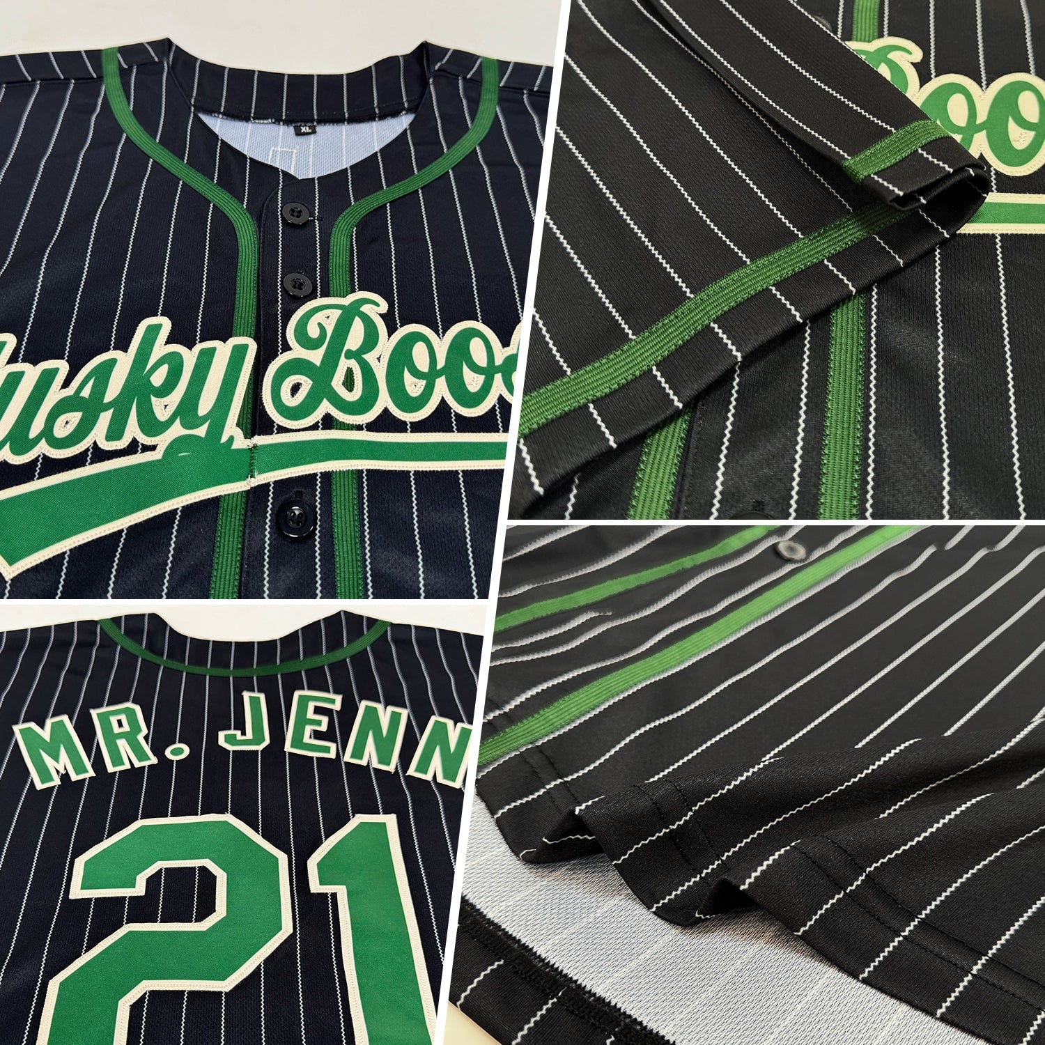 Custom Black Cream Pinstripe Green Authentic Baseball Jersey view 2