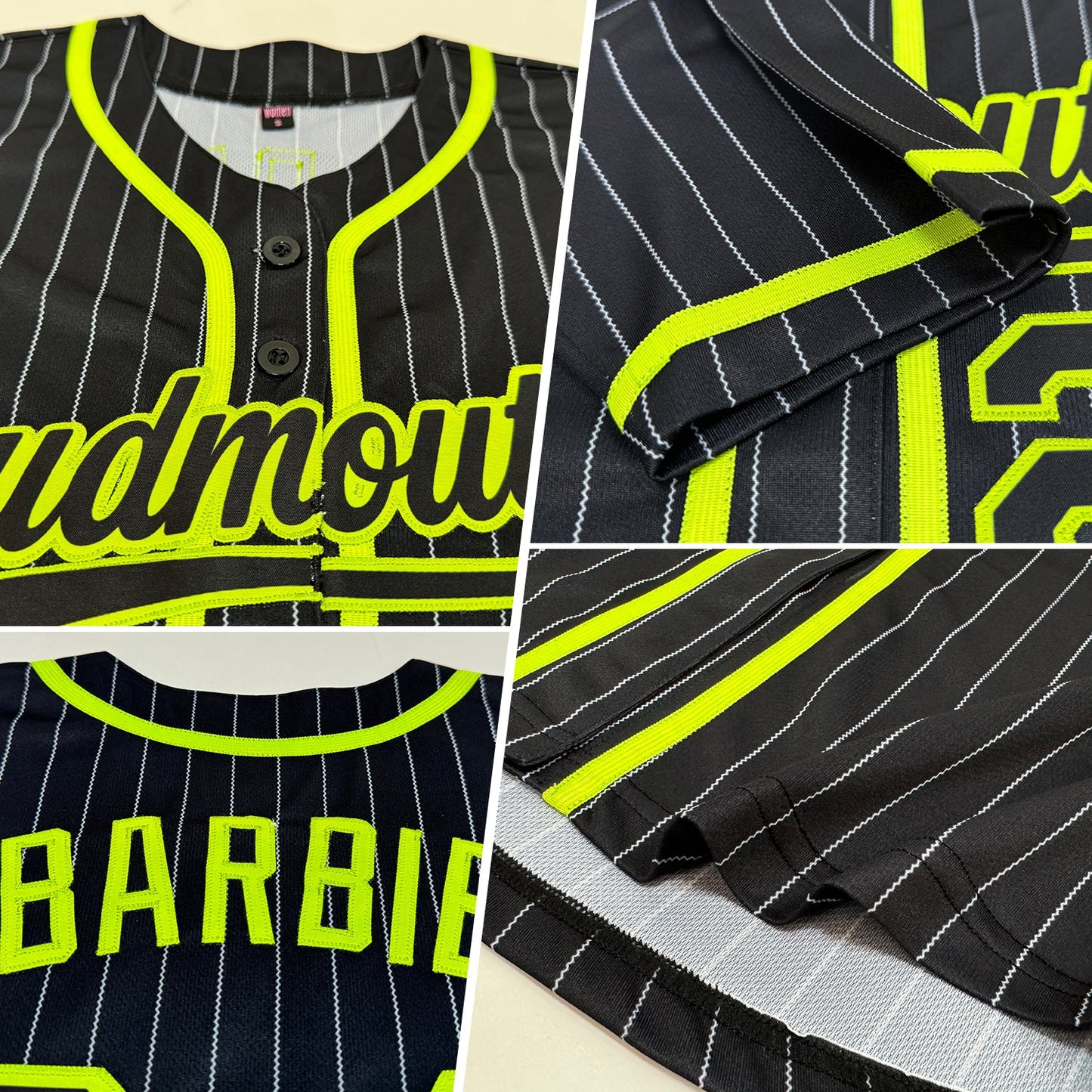 Custom Black White Pinstripe Black-Neon Green Authentic Baseball Jersey view 2