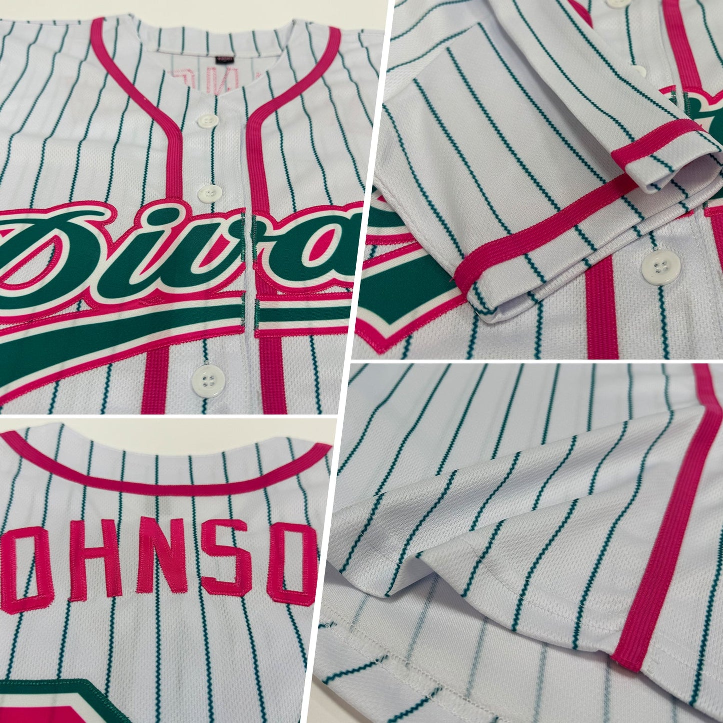 Custom White Teal Pinstripe Pink Authentic Baseball Jersey view 2