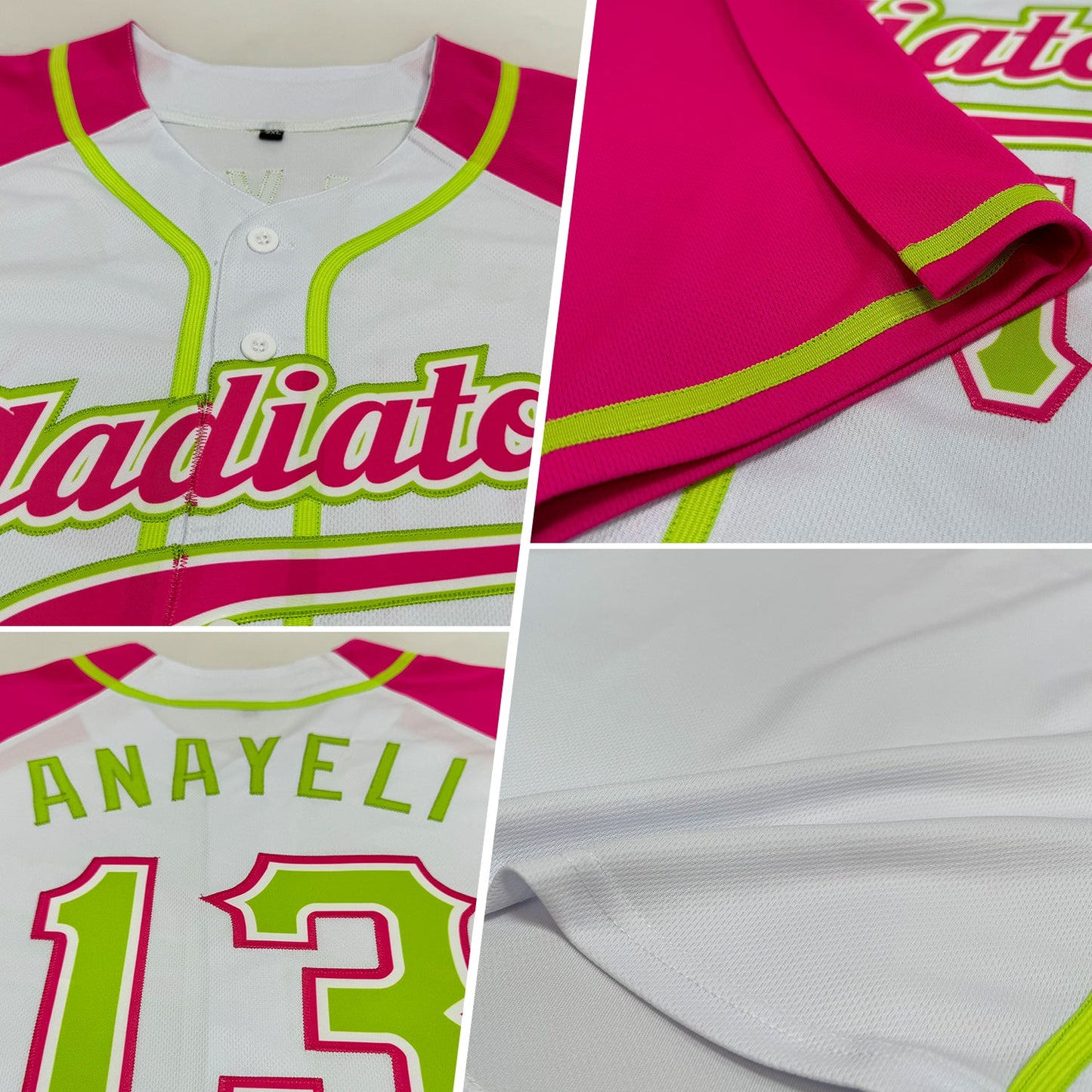 Custom White Neon Green-Pink Authentic Raglan Sleeves Baseball Jersey view 2