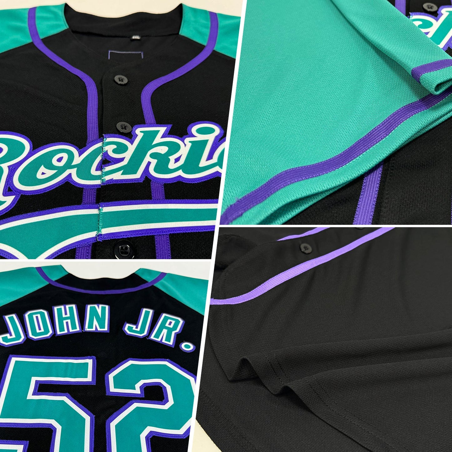 Custom Black Teal-Purple Authentic Raglan Sleeves Baseball Jersey view 2