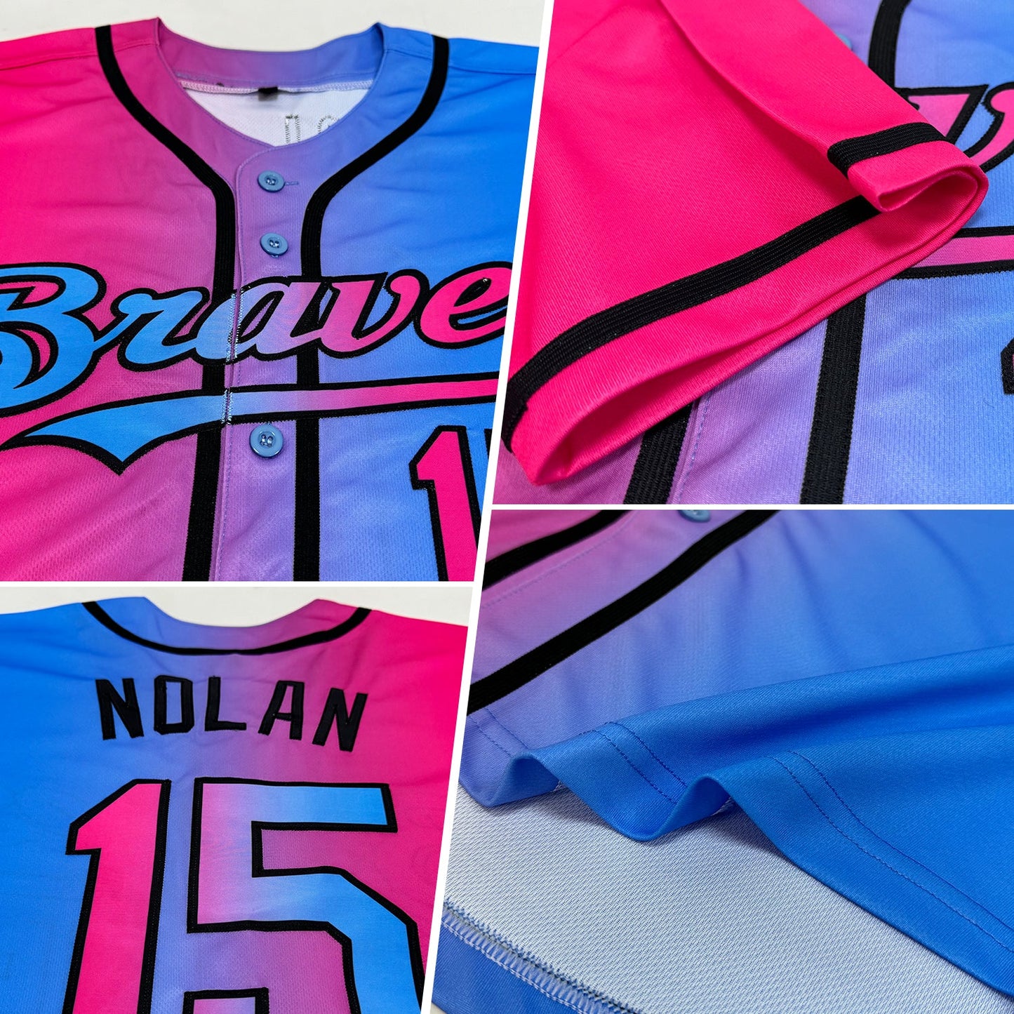 Custom Sky Blue Pink-Black Authentic Gradient Fashion Baseball Jersey view 2