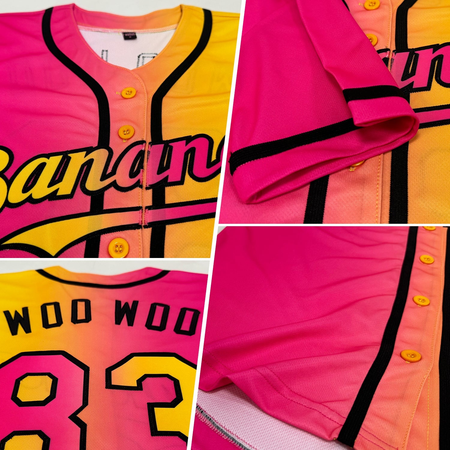 Custom Yellow Pink-Black Authentic Gradient Fashion Baseball Jersey view 2
