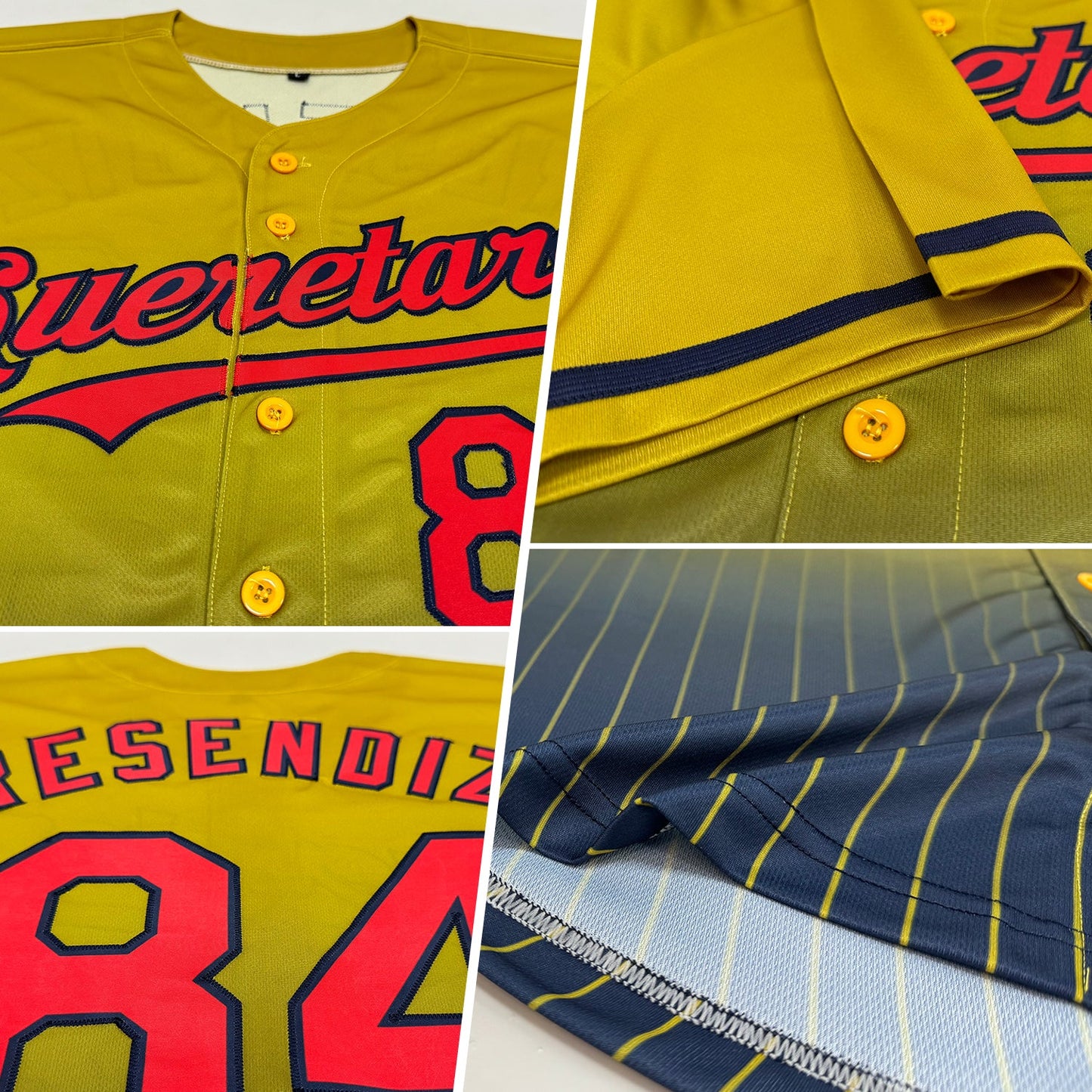 Custom Old Gold Pinstripe Red-Navy Authentic Fade Fashion Baseball Jersey view 2