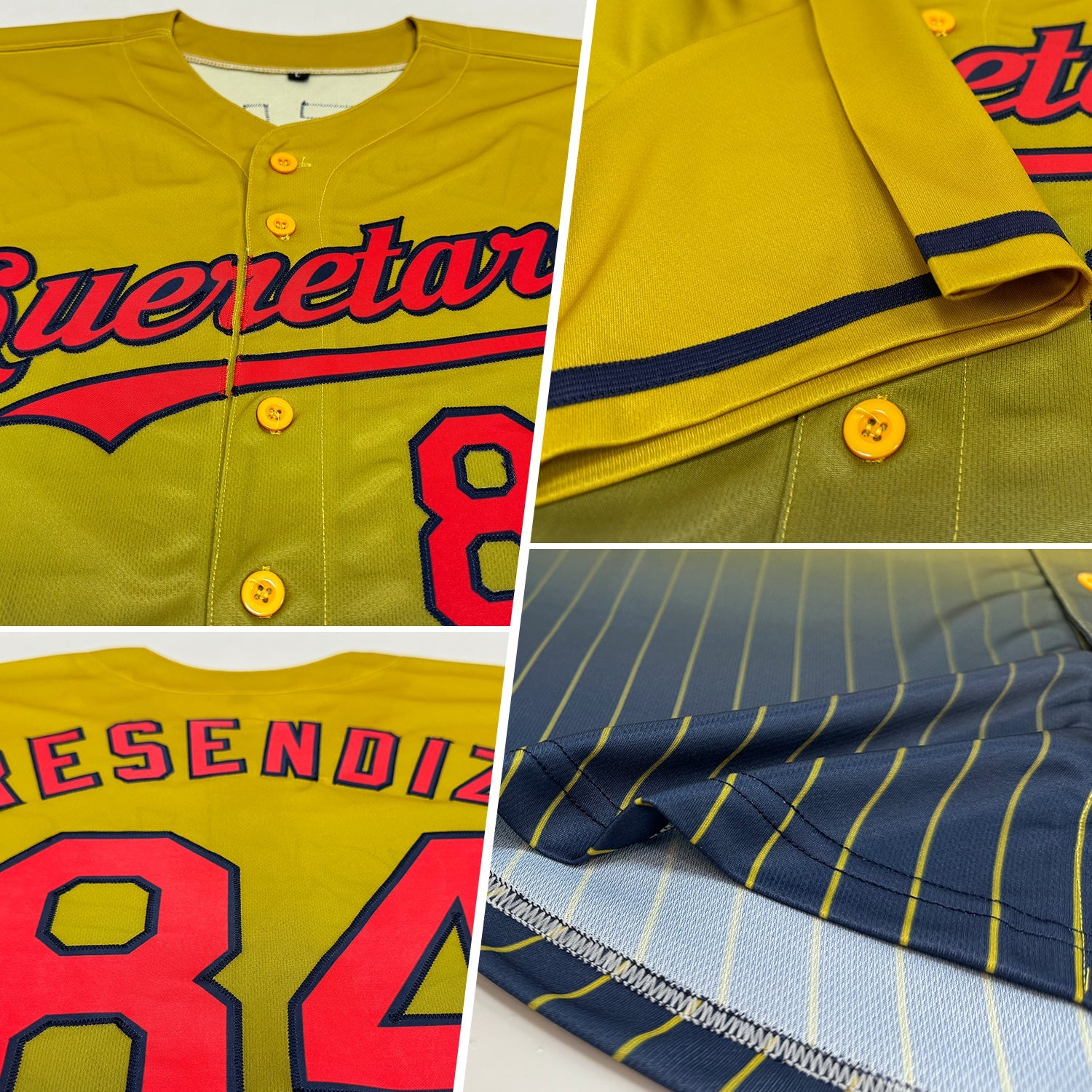 Custom Old Gold Pinstripe Red-Navy Authentic Fade Fashion Baseball Jersey view 2