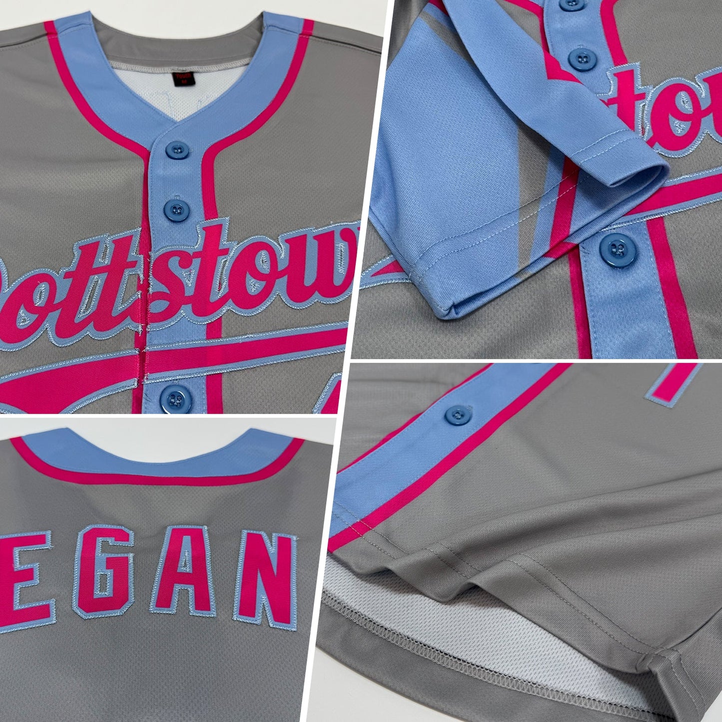 Custom Gray Pink-Light Blue 3 Colors Arm Shapes Authentic Baseball Jersey view 2