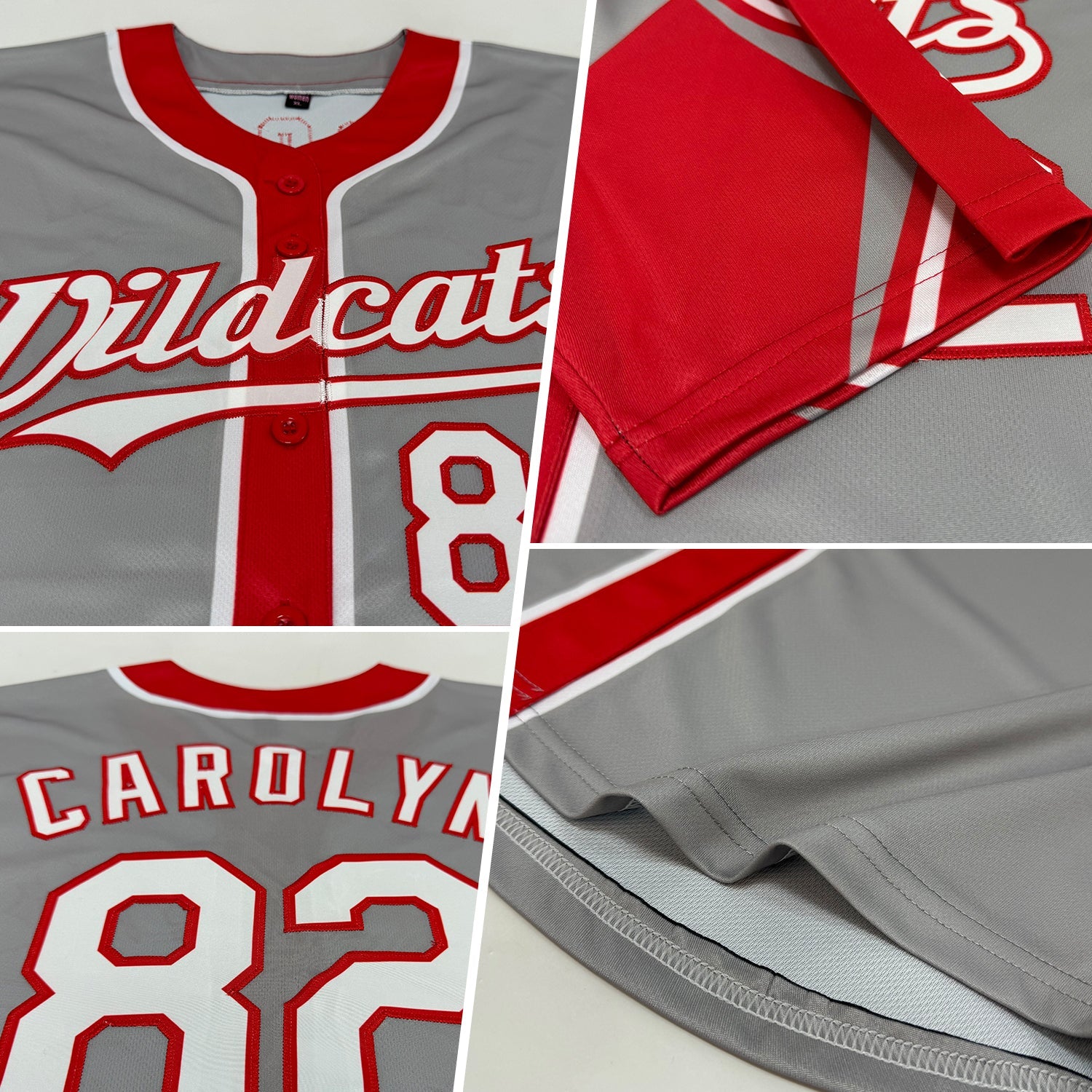 Custom Gray White-Red 3 Colors Arm Shapes Authentic Baseball Jersey view 2