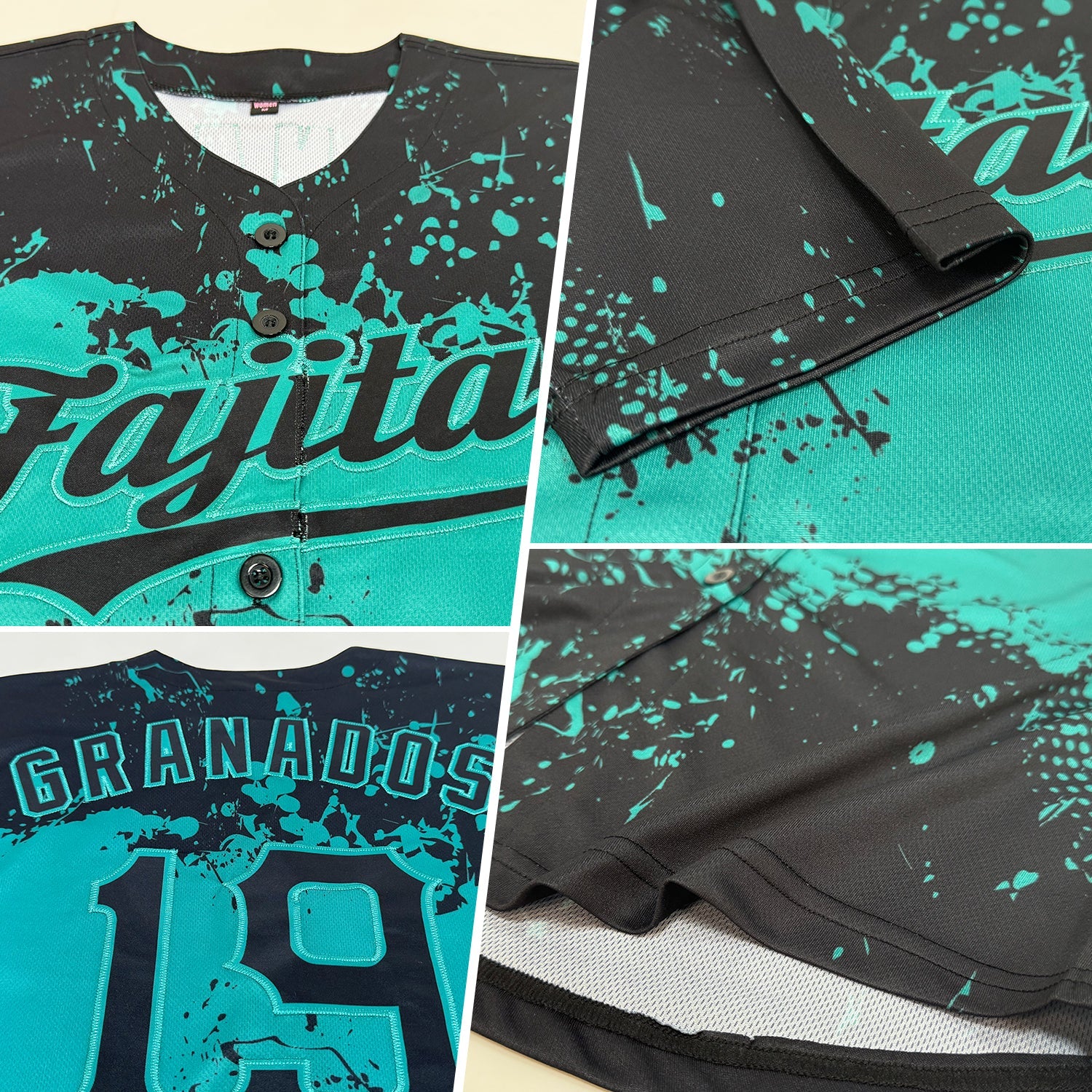 Custom Black Teal 3D Pattern Design Abstract Splatter Grunge Art Authentic Baseball Jersey view 2