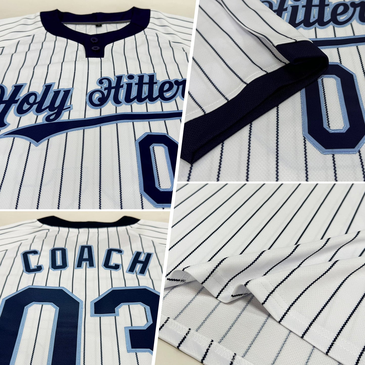 Custom White Navy Pinstripe Light Blue Two-Button Unisex Softball Jersey view 2