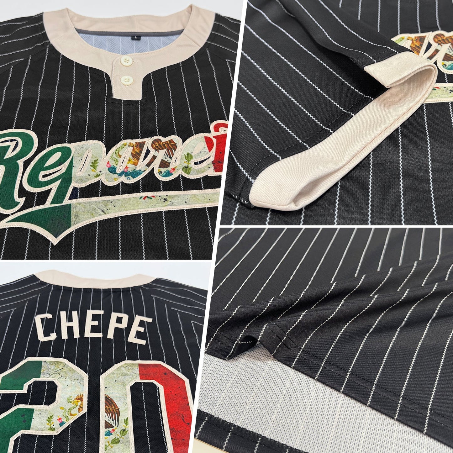 Custom Black Cream Pinstripe Vintage Mexican Flag Two-Button Unisex Softball Jersey view 2