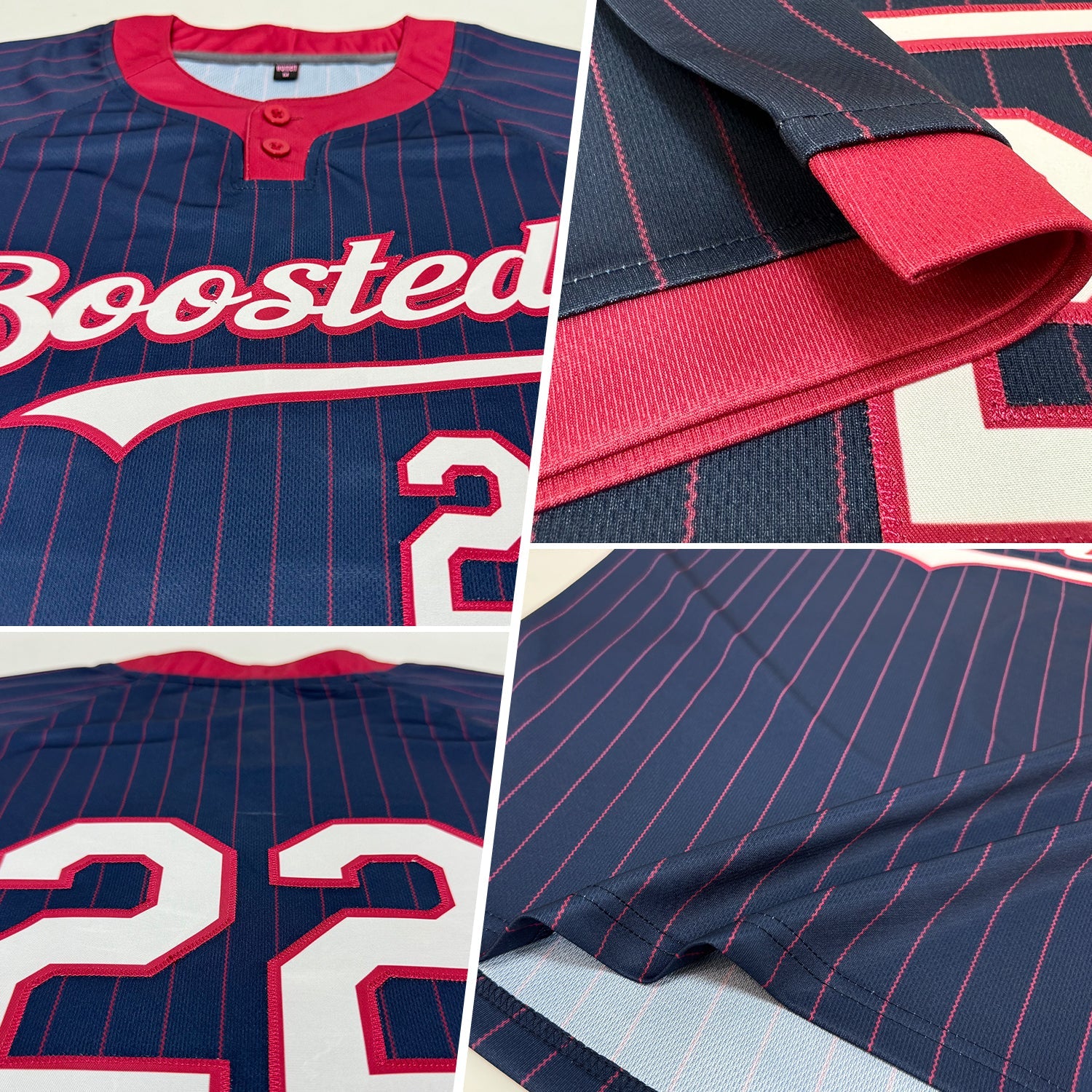 Custom Navy Crimson Pinstripe White Two-Button Unisex Softball Jersey view 2