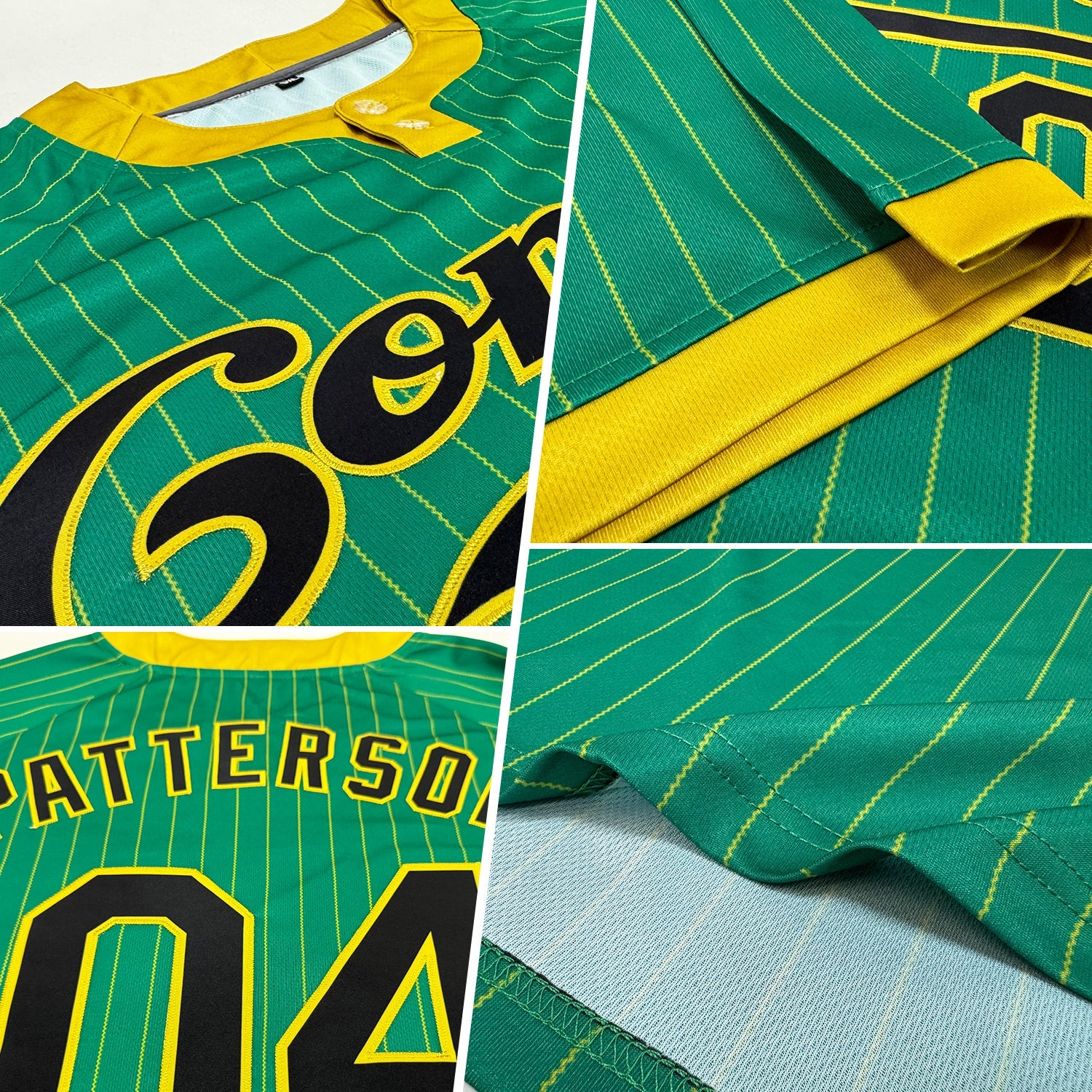Custom Kelly Green Old Gold Pinstripe Black Two-Button Unisex Softball Jersey view 2