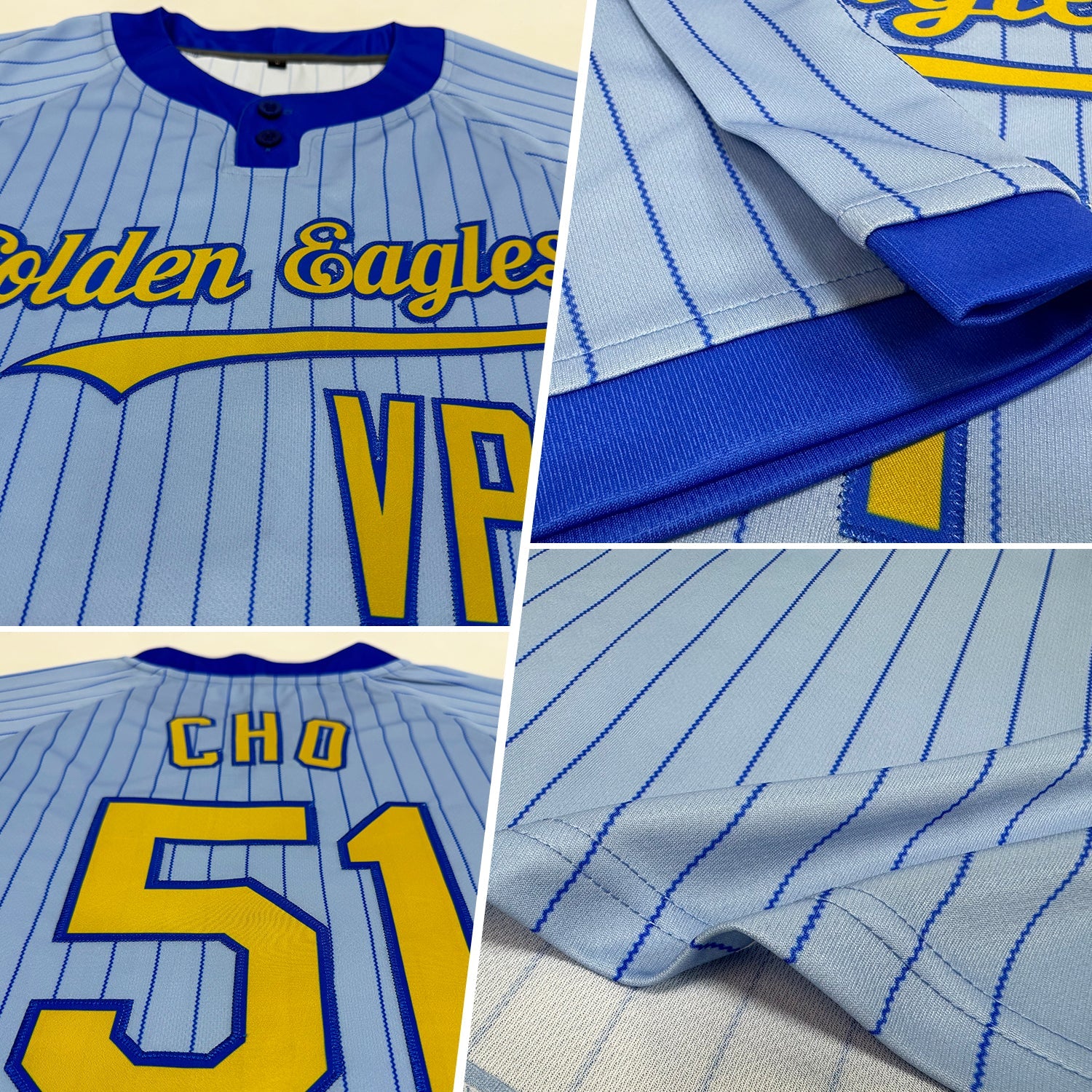 Custom Light Blue Royal Pinstripe Old Gold Two-Button Unisex Softball Jersey view 2