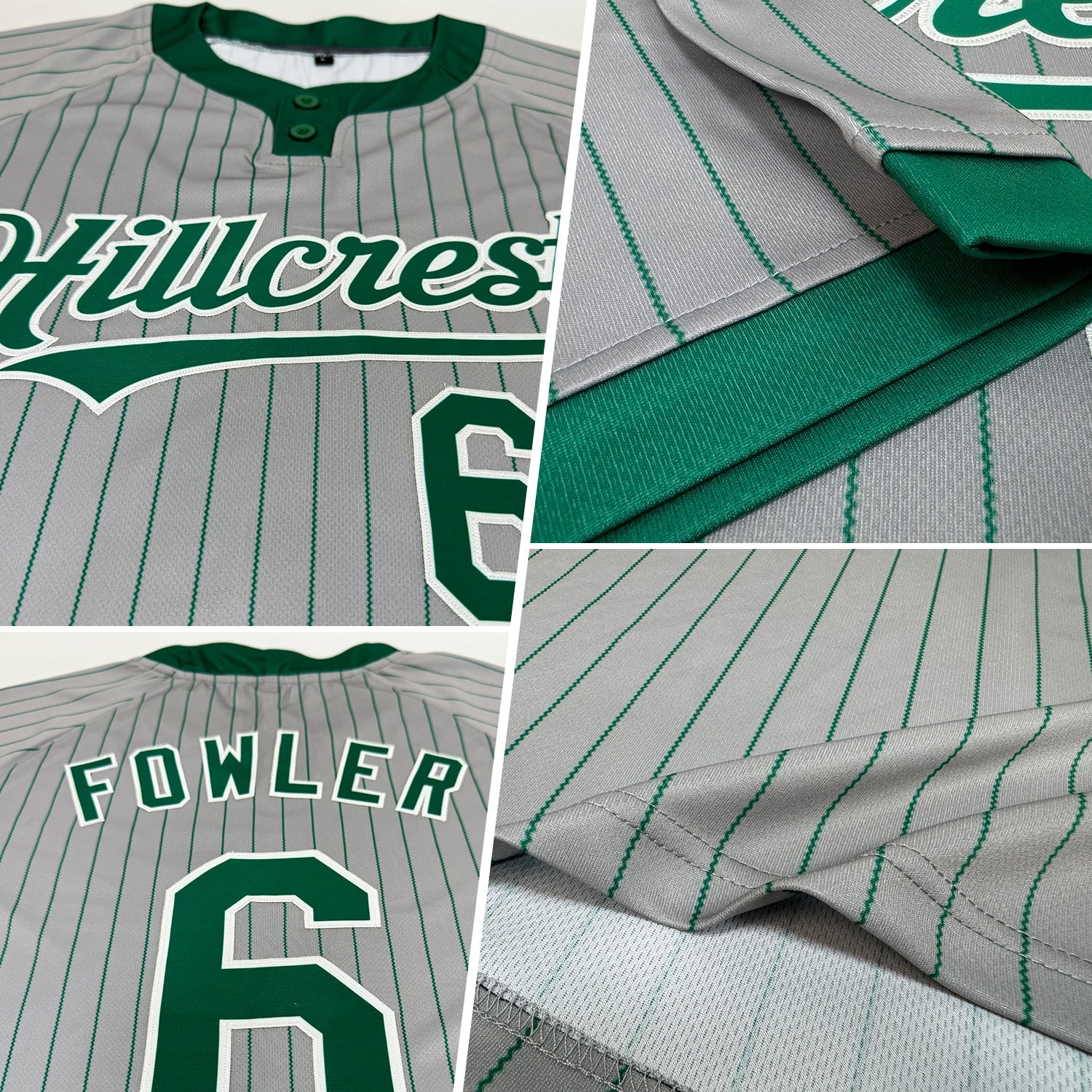 Custom Gray Kelly Green Pinstripe White Two-Button Unisex Softball Jersey view 2