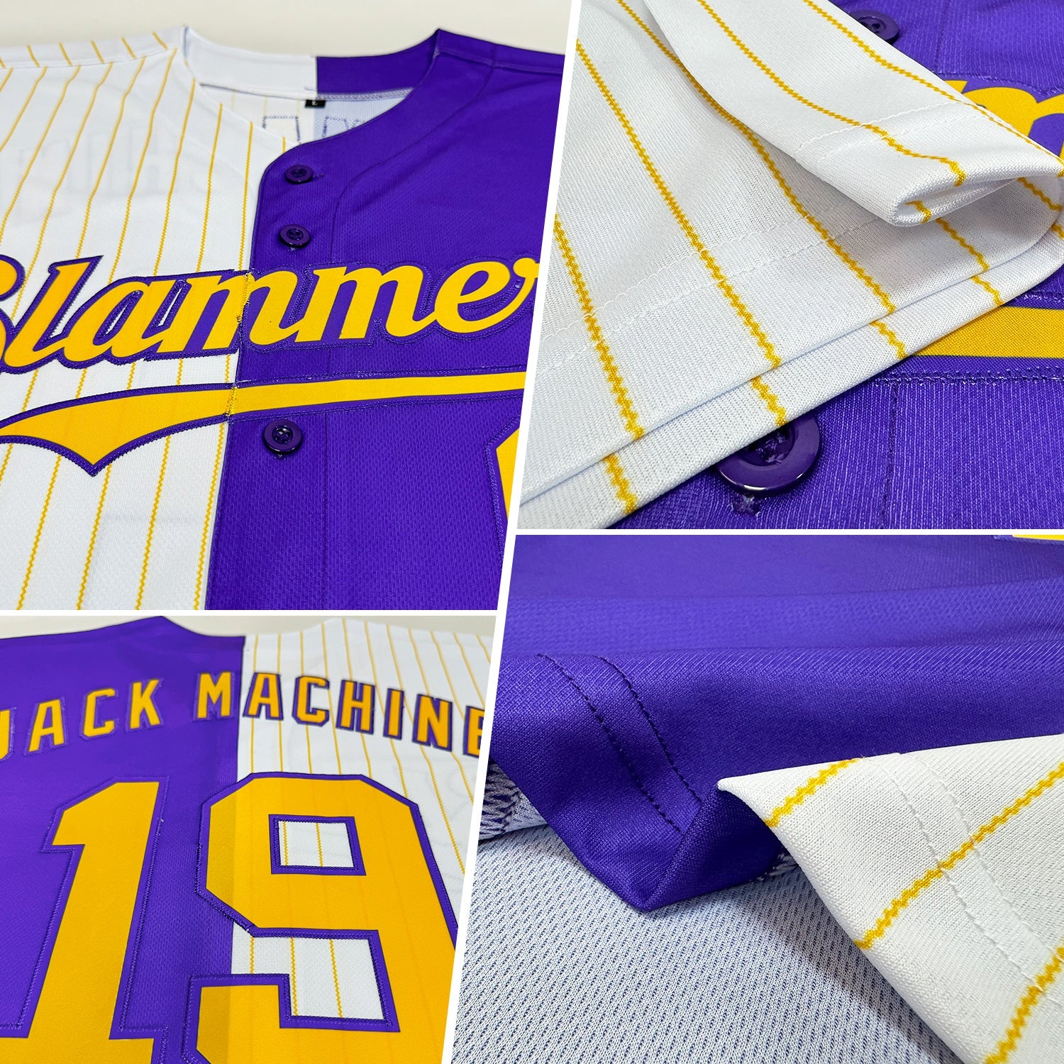 Custom Purple White-Gold Pinstripe Authentic Split Fashion Baseball Jersey view 2