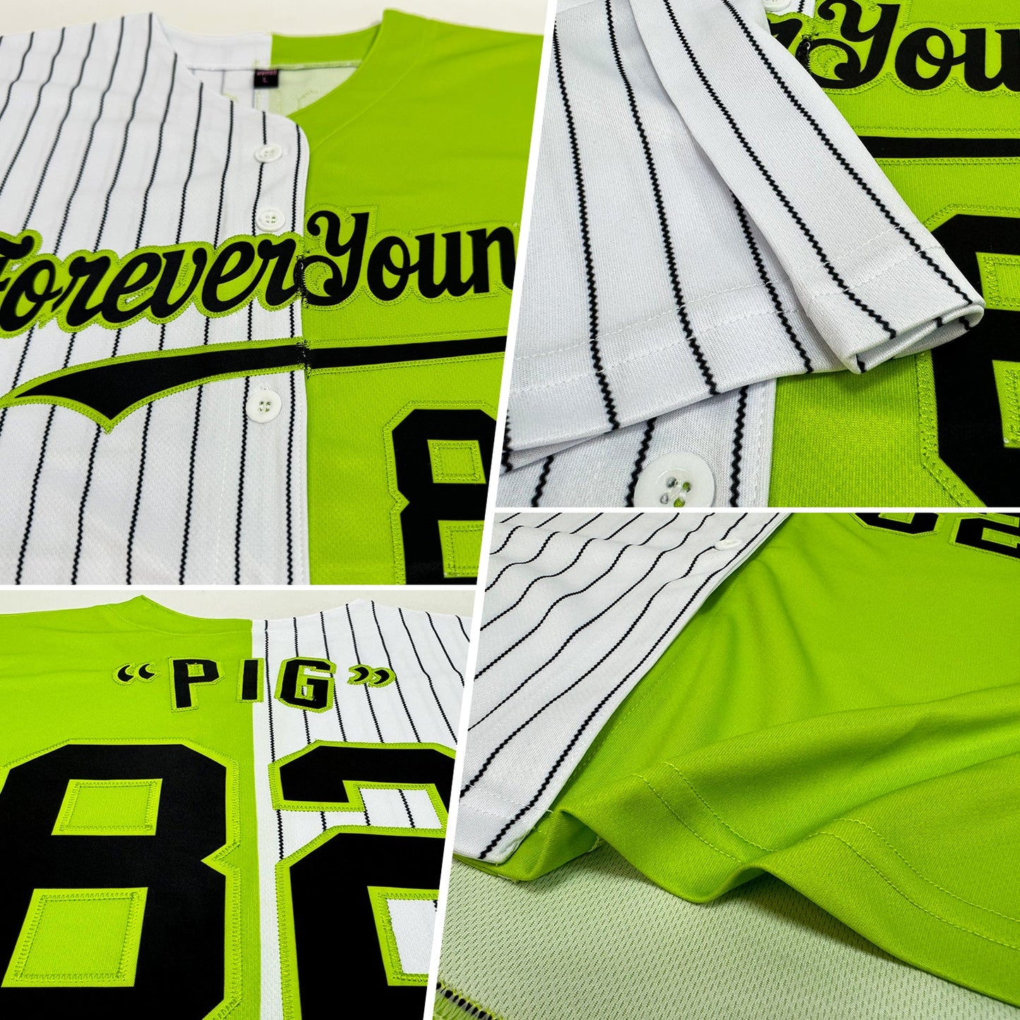 Custom Neon Green White-Black Pinstripe Authentic Split Fashion Baseball Jersey view 2