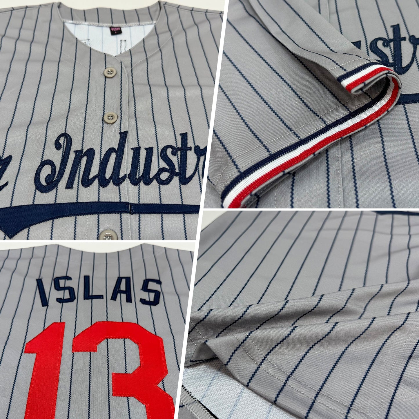 Custom Gray Navy Pinstripe Red-White Authentic Baseball Jersey view 2