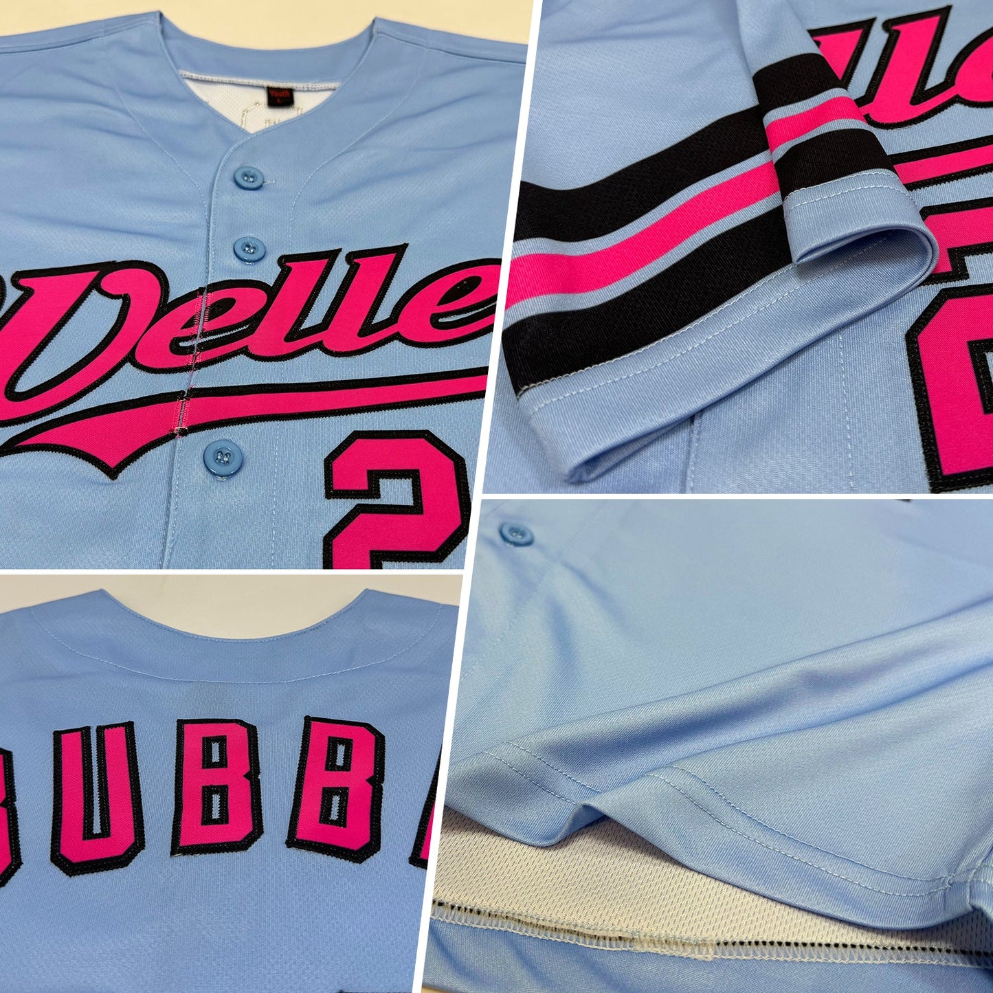 Custom Light Blue Pink-Black Authentic Baseball Jersey view 2
