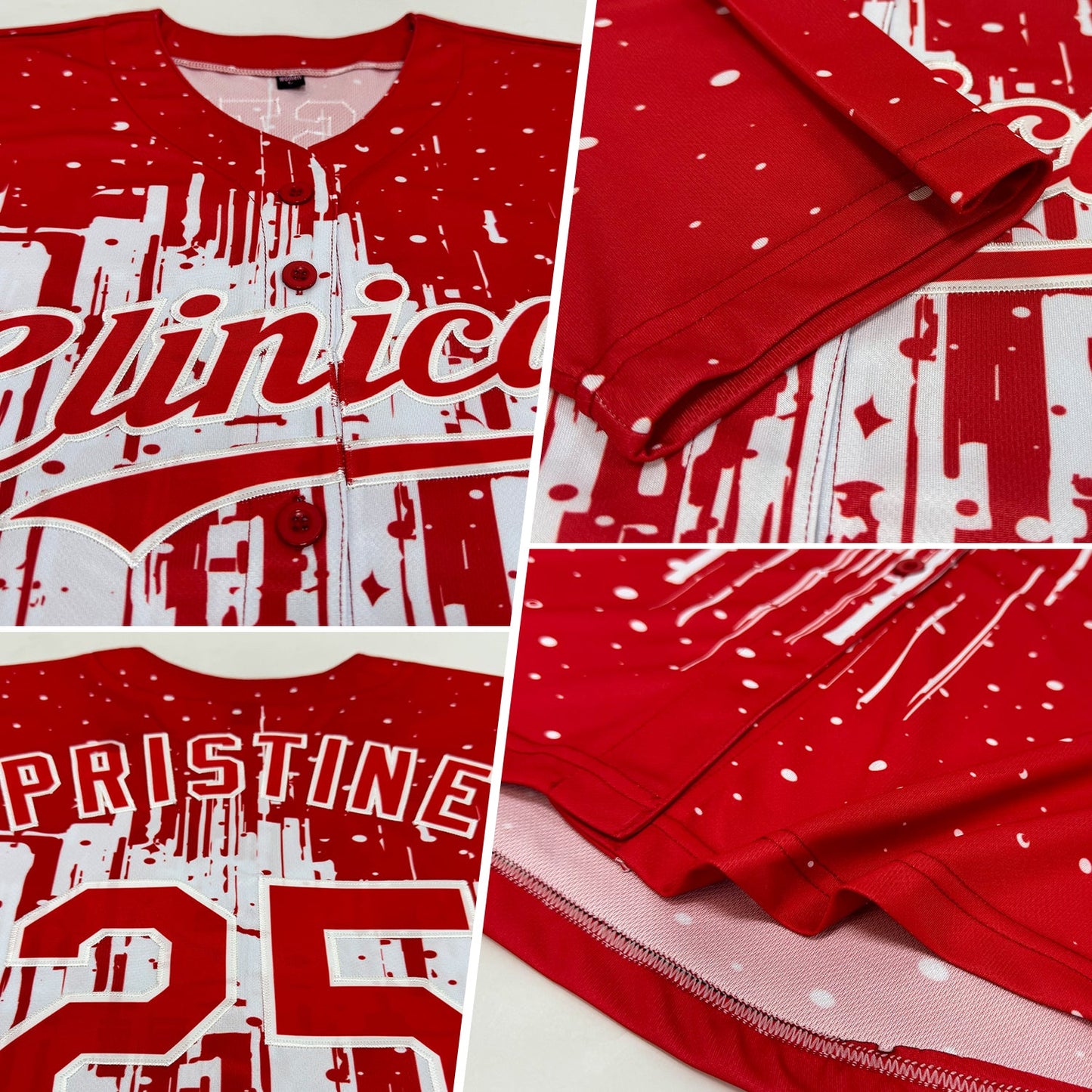 Custom Red White 3D Pattern Design Dripping Splatter Art Authentic Baseball Jersey view 2