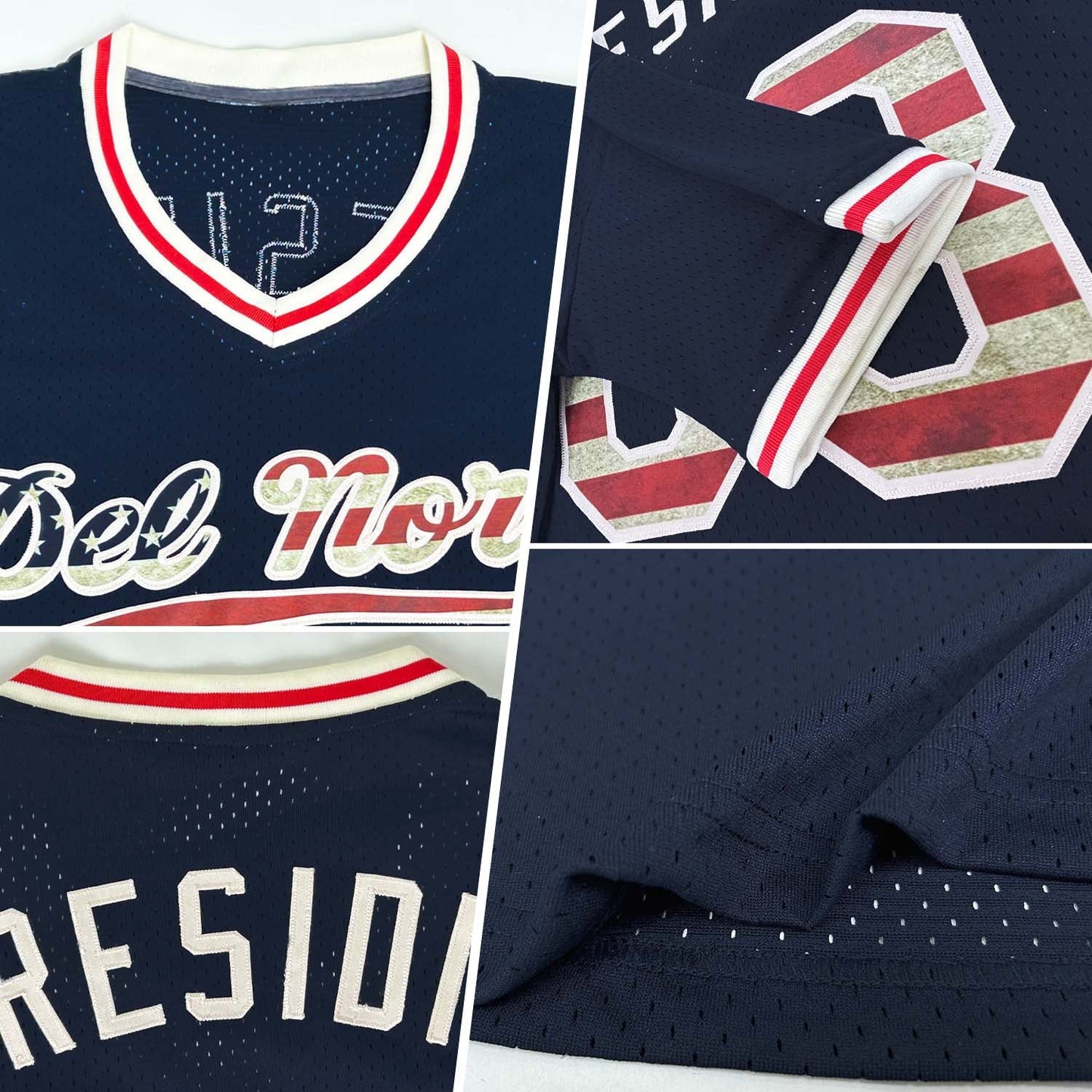 Custom Navy Vintage USA Flag Cream-Red Authentic Throwback Baseball Jersey view 2