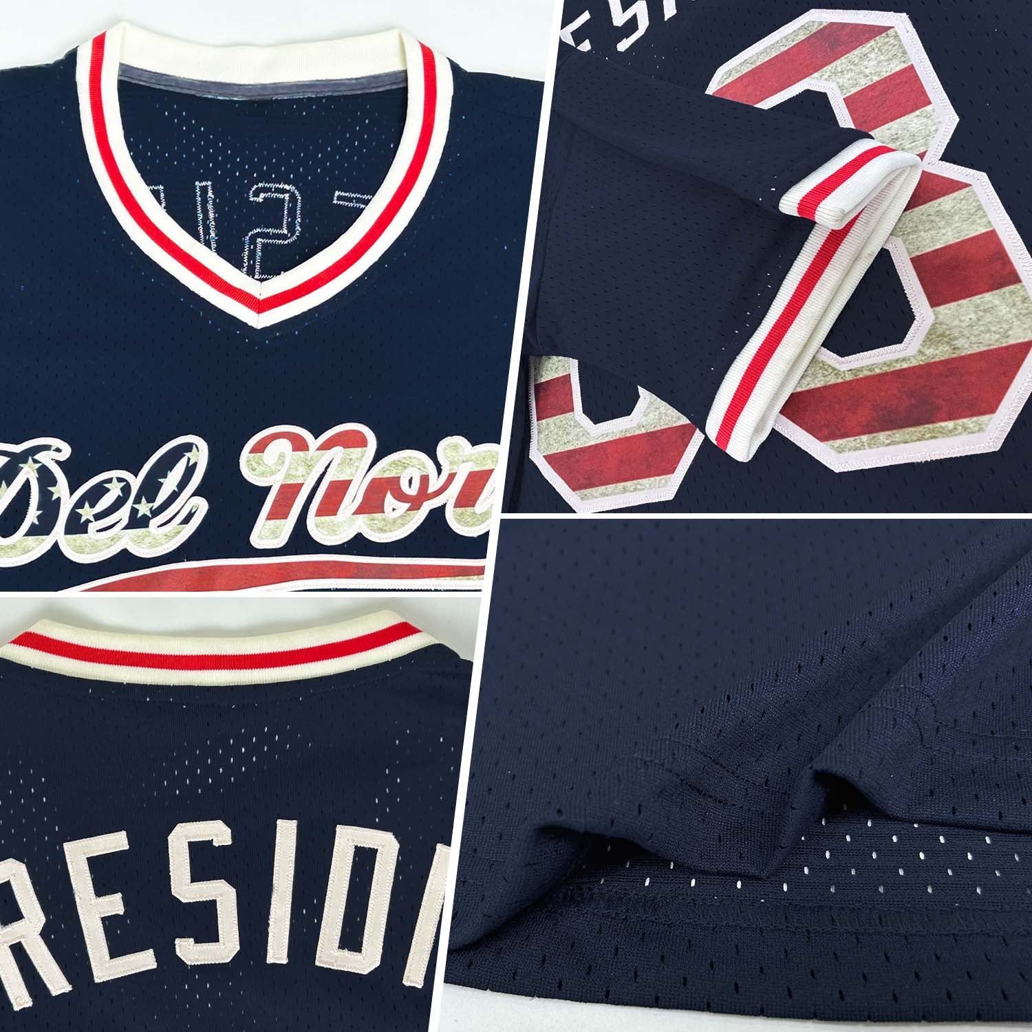Custom Navy Vintage USA Flag Cream-Red Authentic Throwback Baseball Jersey view 2