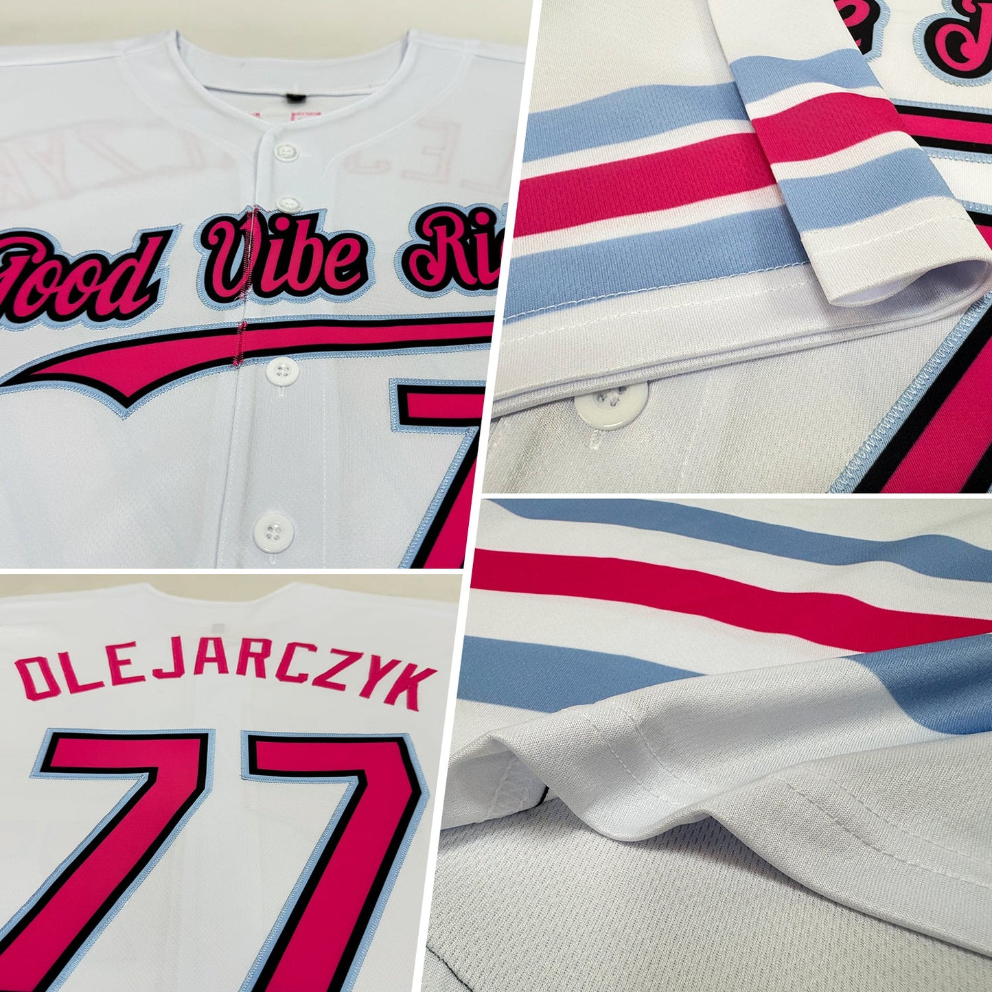 Custom White Pink Black-Light Blue Line Authentic Baseball Jersey view 2