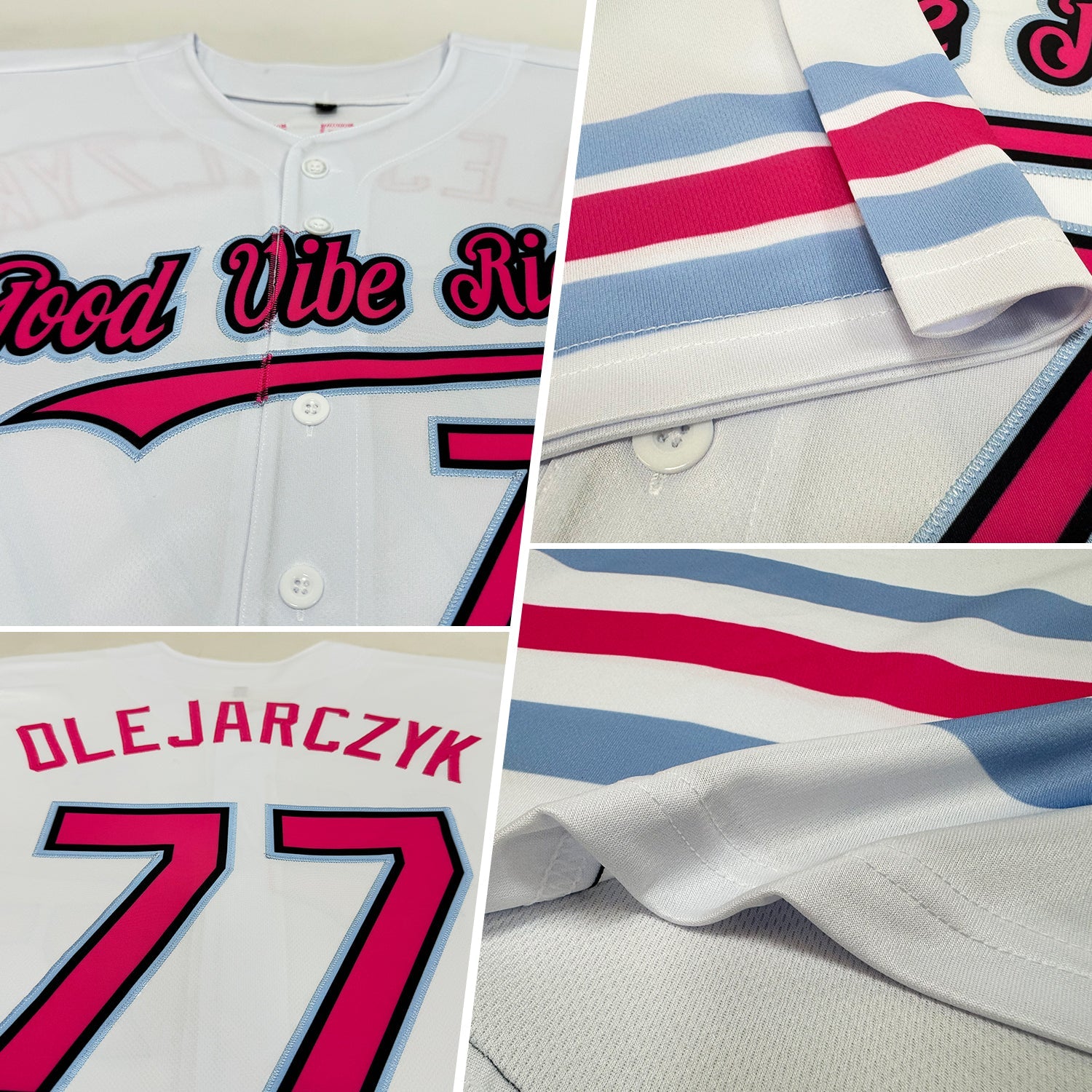 Custom White Pink Black-Light Blue Line Authentic Baseball Jersey view 2
