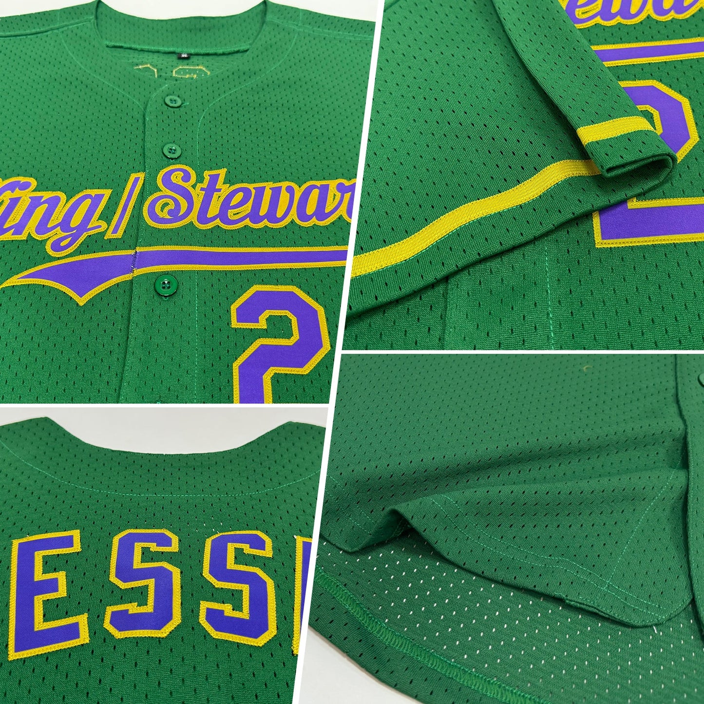 Custom Kelly Green Purple-Old Gold Mesh Authentic Throwback Baseball Jersey view 2