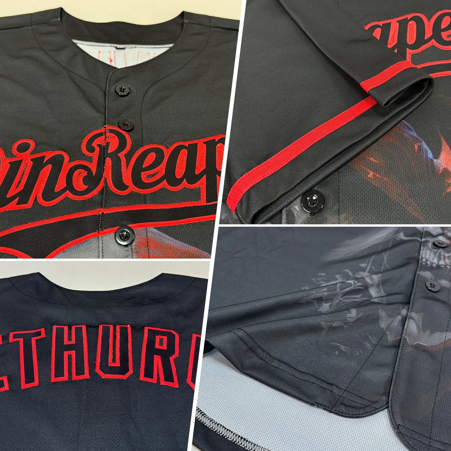 Custom Black Red 3D Skull Fashion Authentic Baseball Jersey view 2